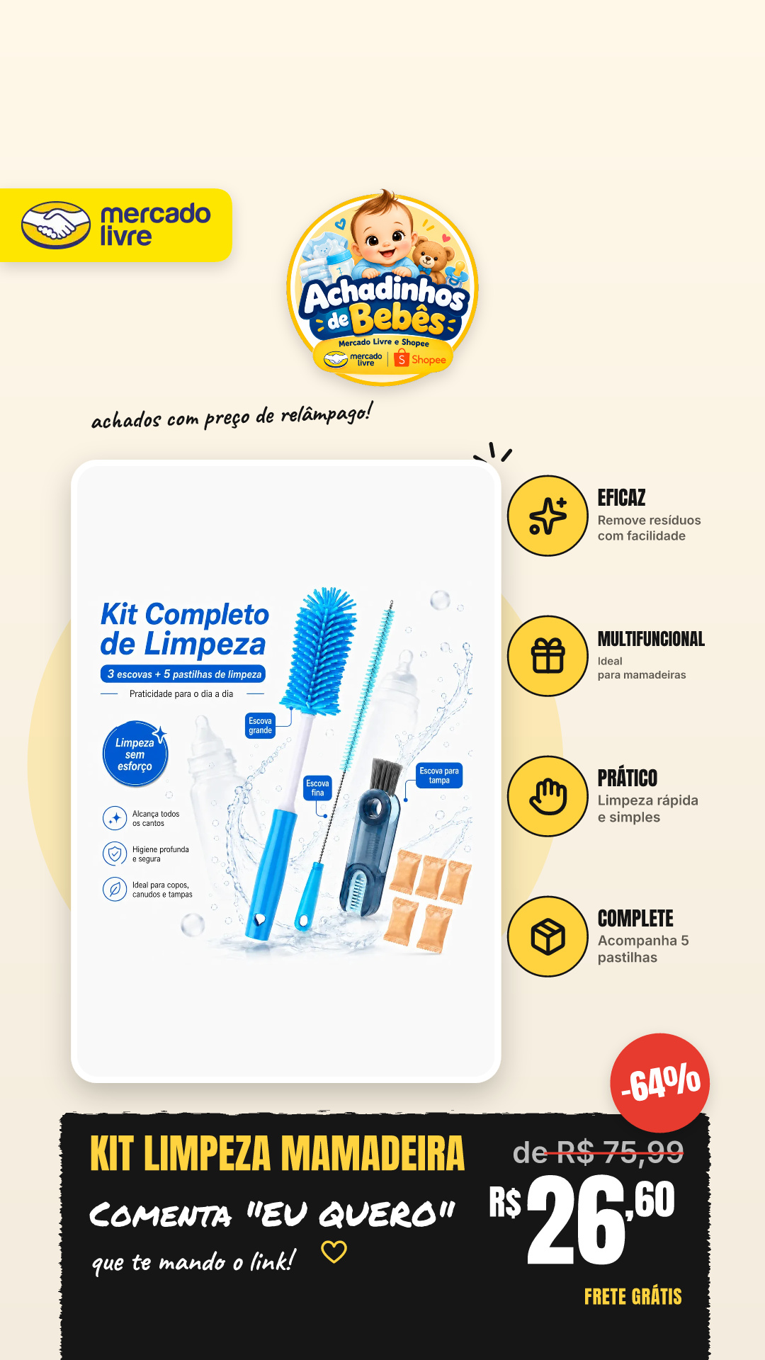 Kit Limpeza Mamadeira Garrafa Copo Canudo Escovas Silicone Com 5 Pastilhas Azul-celeste