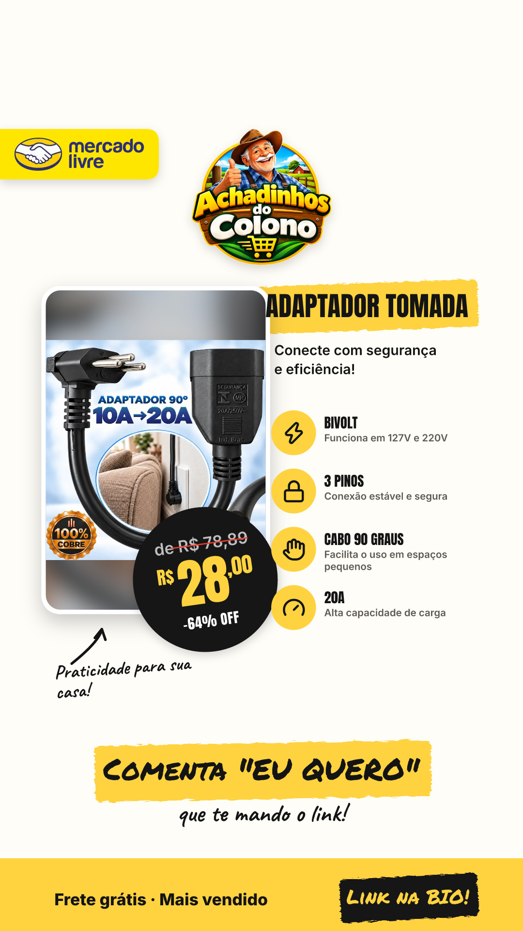 Adaptador De Tomada Two Lef 20a Para 10a Com 3 Pinos, Bivolt E Cabo De 90 Graus 127/220v