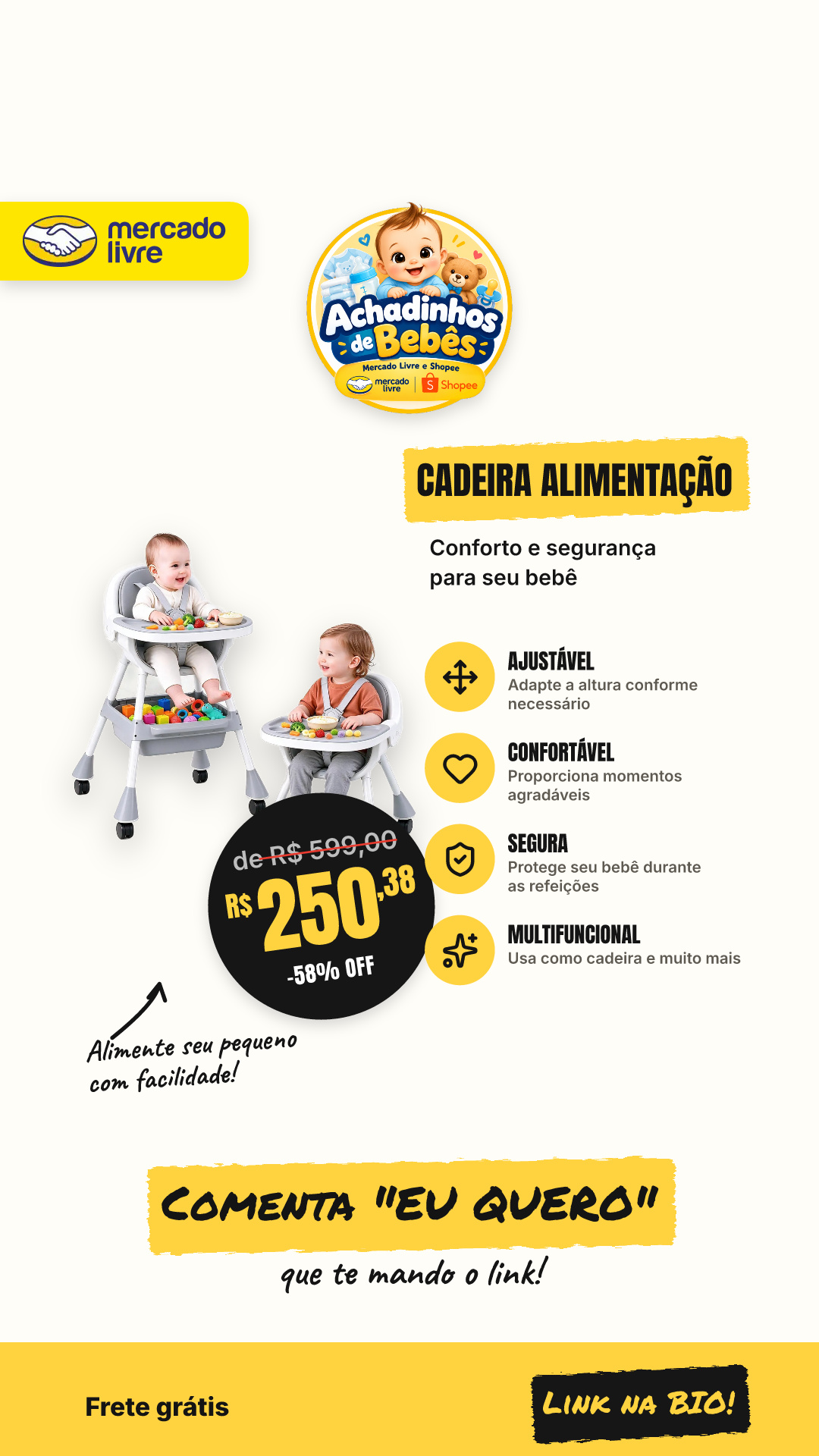Cadeira Alimentação Bebê Segura Confortável Ajustável 3 Em…