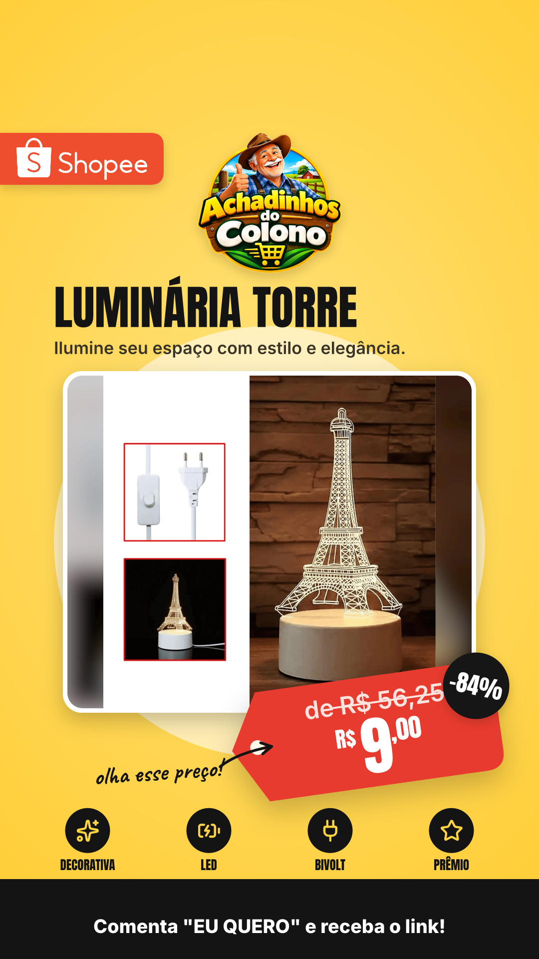 Luminária Decorativa 3D Torre Eiffel LED Bivolt Premium