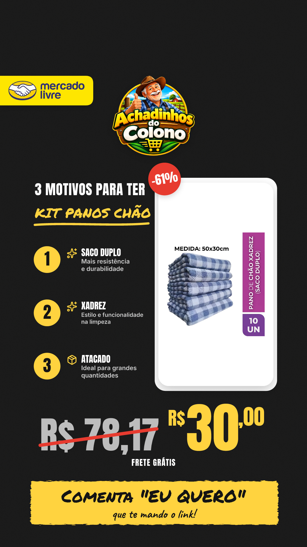 Kit 10 Panos Chão Xadrez Saco Duplo Limpeza Atacado 50x30cm