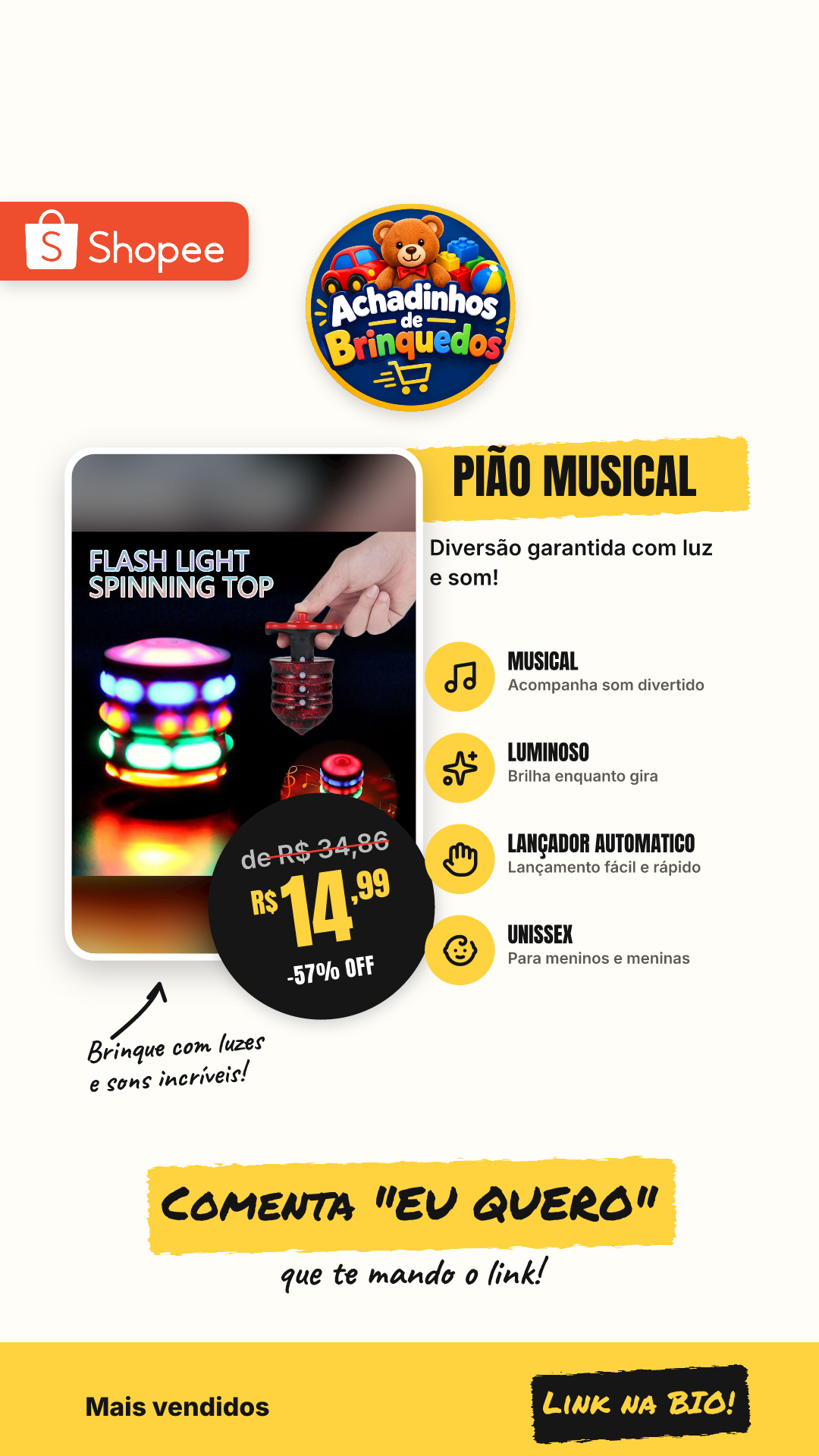 Pião Musical Luminoso Com Lançador Automatico Piao Com Luz e Som Laser Brinquedo Infantil para Meninos e Meninas