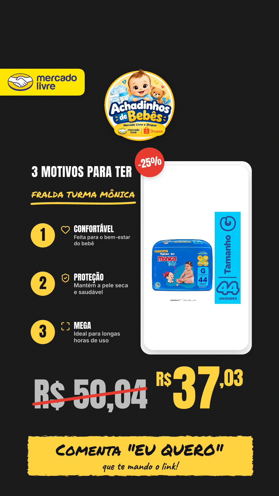Fralda Turma Da Mônica Baby Mega G 44 Unidades G
