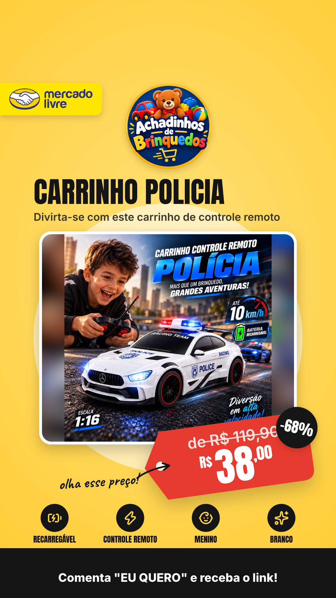 Carrinho Controle Remoto Policia Recarregavel Menino Branco Polícia