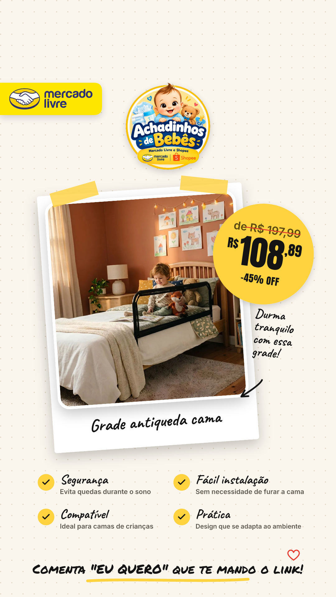 Grade Antiqueda Cama Bebê Criança Preta 94cm Sem Furação
