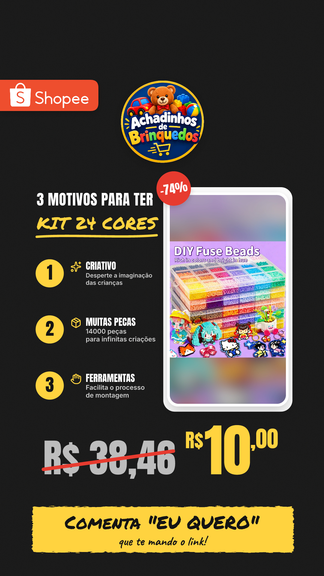 Kit 24 cores Pixel Beads, 2.6mm Com 14000pcs, Perler Berads, Hama Beads DIY Presentes para crianças Com Ferramentas