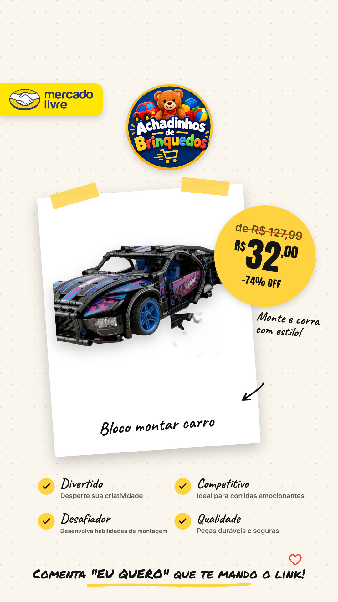 Bloco De Montar Cyber Bugatti Super Sport Para Corrida De 474 Peças Carro Cyber