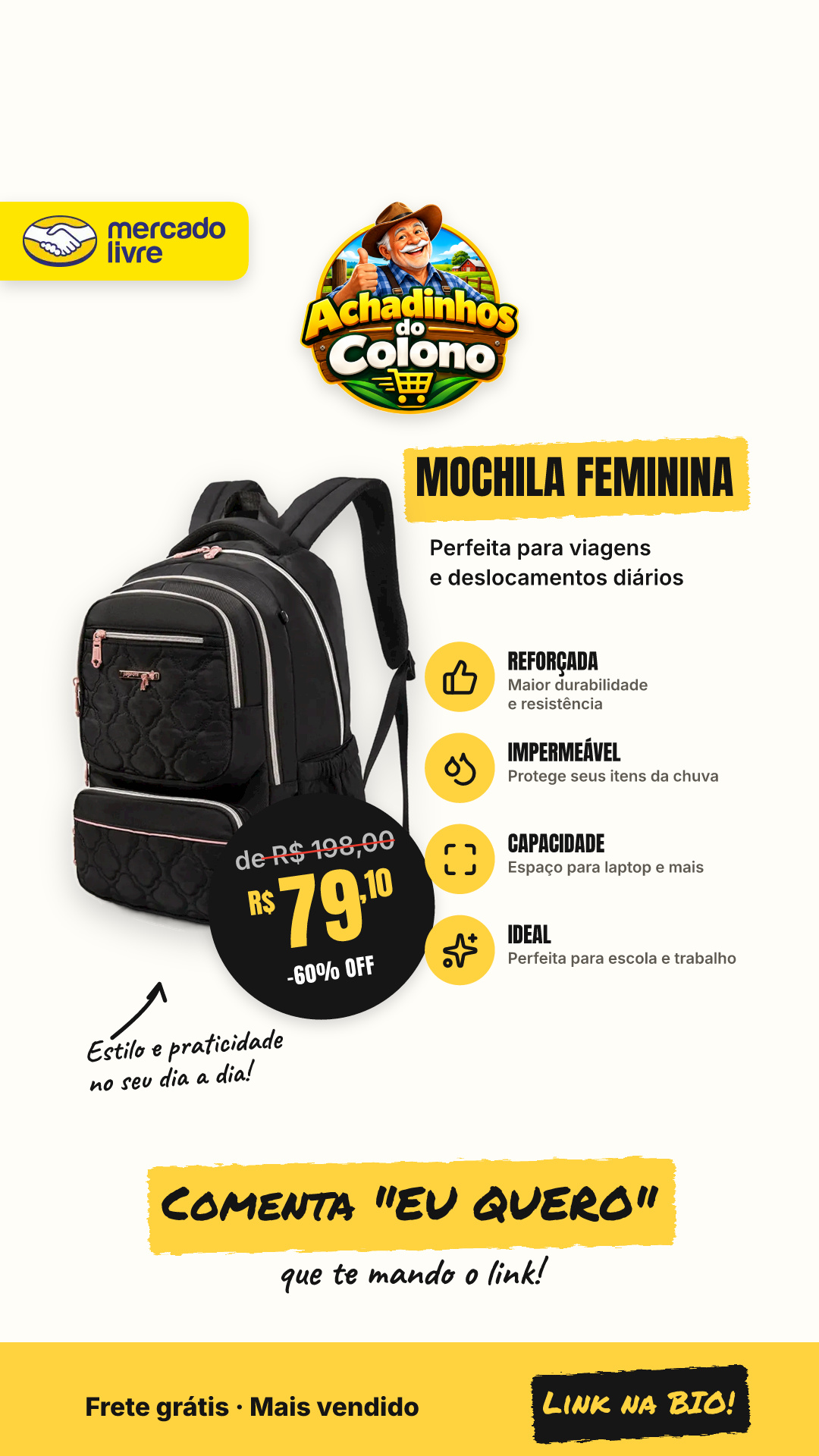 Mochila Feminina, Reforçada, Impermeável, Com Capacidade Para Laptop, Ideal Para Viagens Diárias, Ida À Escola E Deslocamentos De Trabalho. Preto