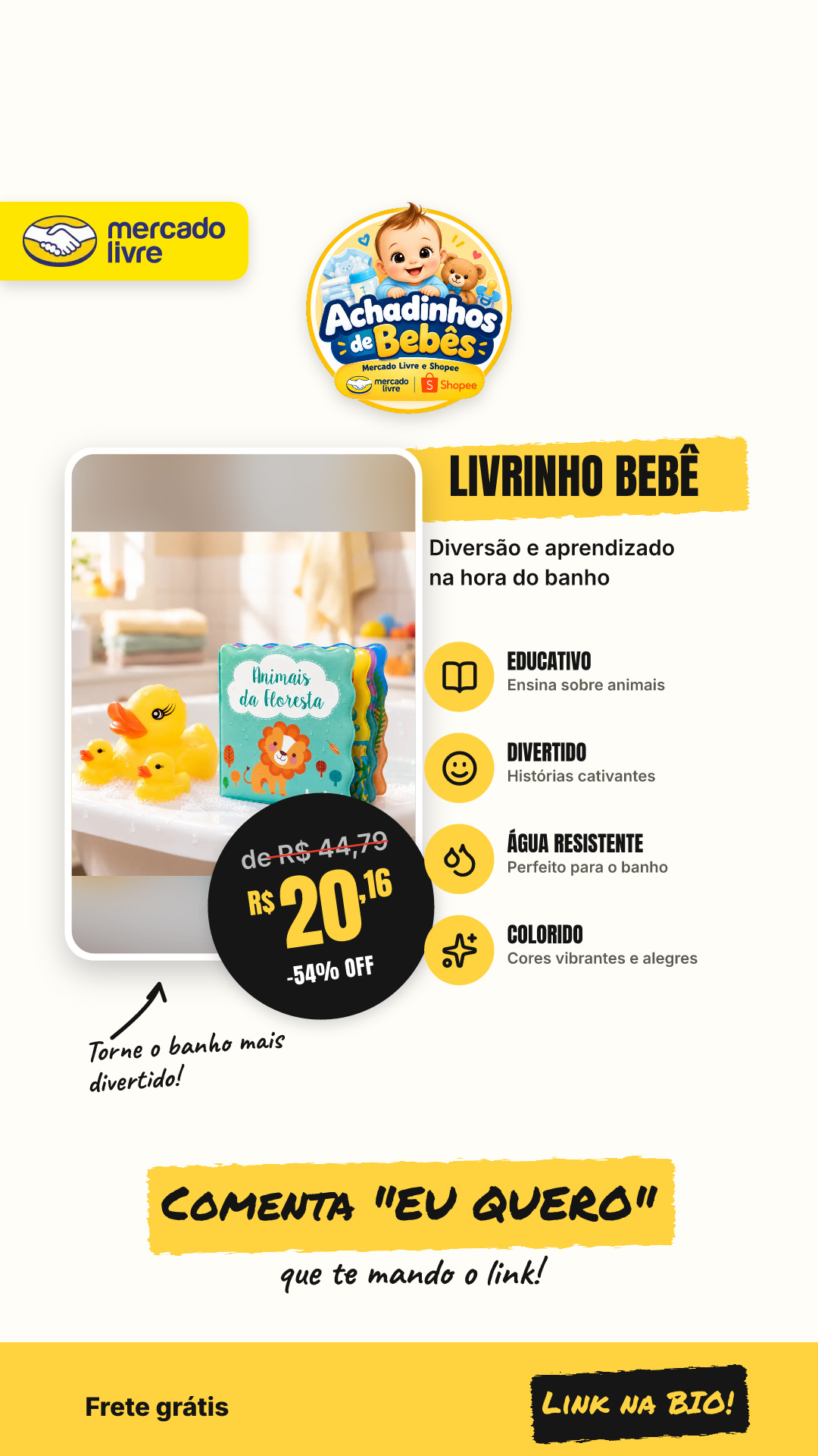 Livrinho Bebe Infantil Hora Banho Educativo Patinhos Amarelo Animais
