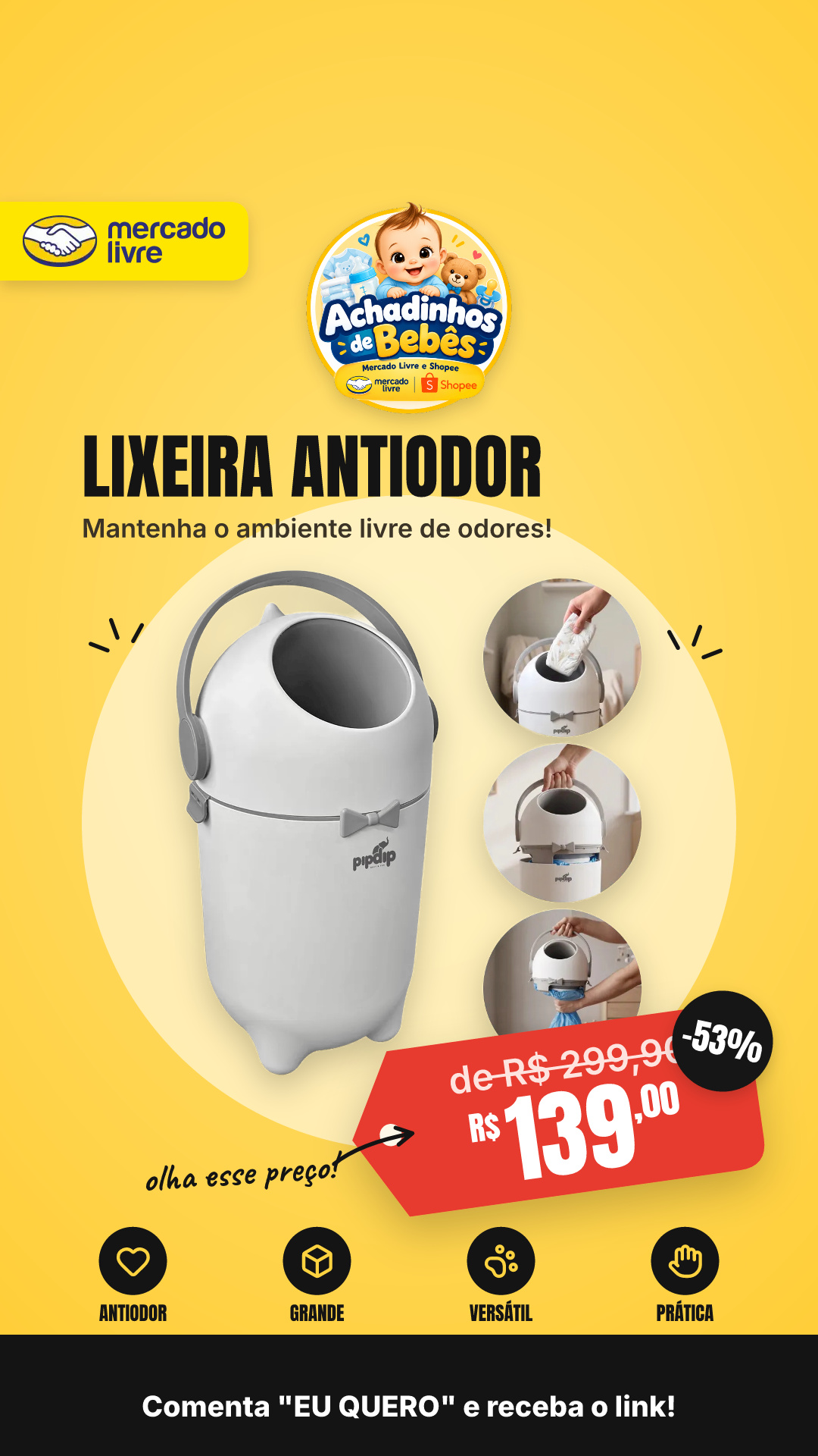 Lixeira Antiodor Para Fraldas Quarto Do Bebê Banheiro E Pet Lixeira Mágica Anti Odor Grande 15 Litros Pipdip Branco