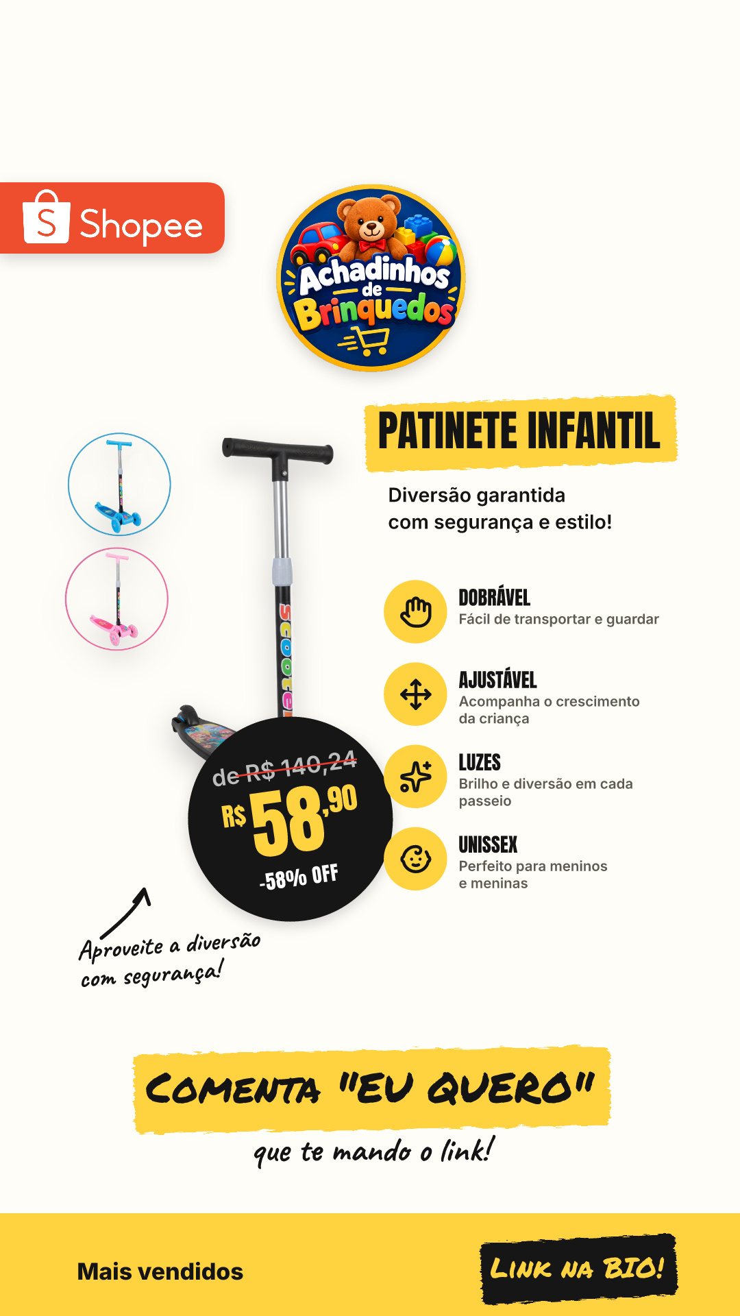 Patinete infantil 3 rodas com led luzes dobrável ajustável menino menina