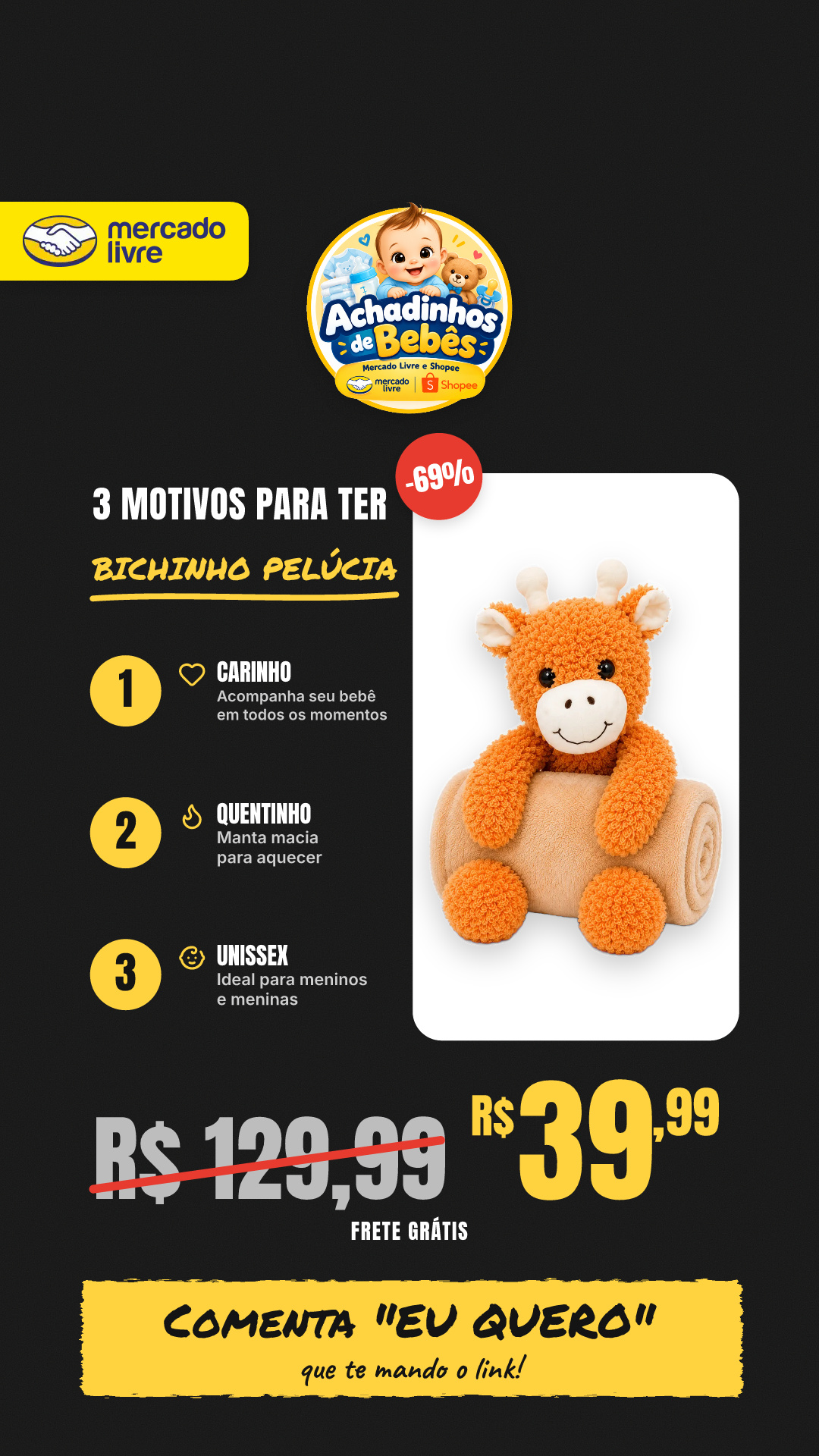 Bichinho De Pelúcia Com Manta Naninha Bebê Cobertor 84x100cm Girafa Laranja / Bege Girafa