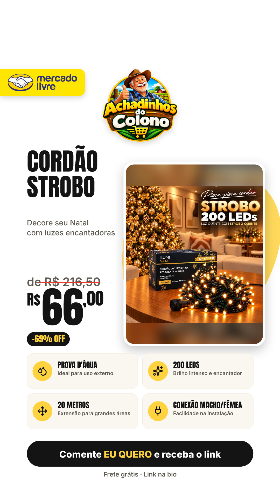 Cordão Strobo Pisca Pisca Natal Blindado 20m 200 Leds P/ Árvore Natal Decoração Shopping Prova D'água Ip44 Fio 1.8mm Lph 20 Metros Contínuos Conexão Macho Fêmea Branco Quente Strobo Quente 110v 127v