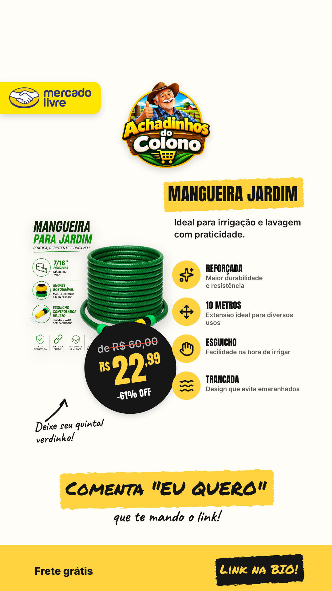 Mangueira De Jardim 10m Metros Com Esguicho Trançada Reforçada Para Irrigação Lavagem Poço Quintal Verde