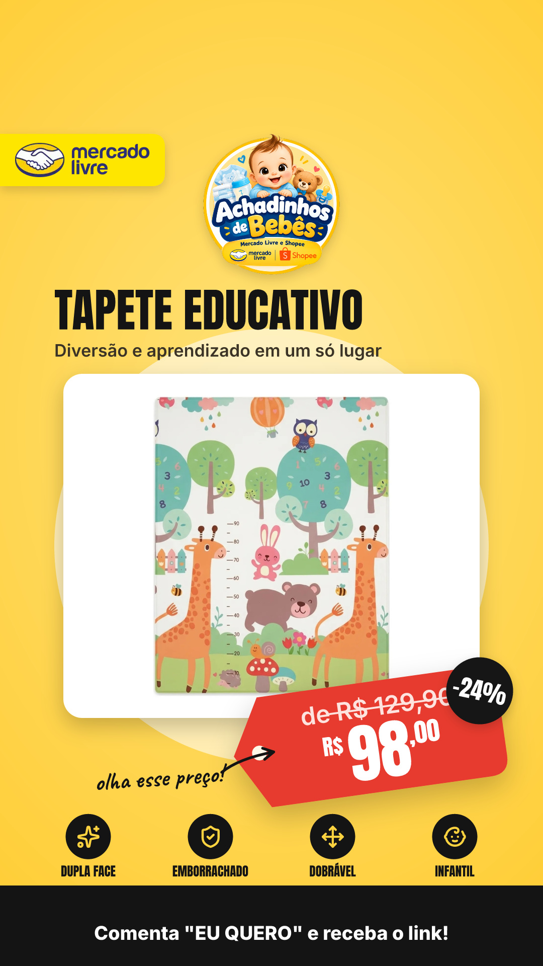 Tapete Educativo Infantil Emborrachado Dobrável Dupla Face