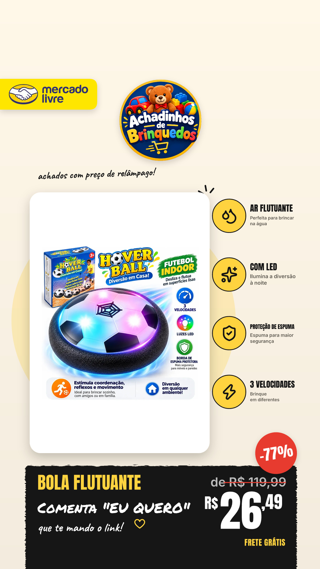 Movebrinca Bola De Ar Flutuante Com Led Para Crianças 3 Velocidades E Proteção De Espuma Futebol Brinquedo Infantil... Branco