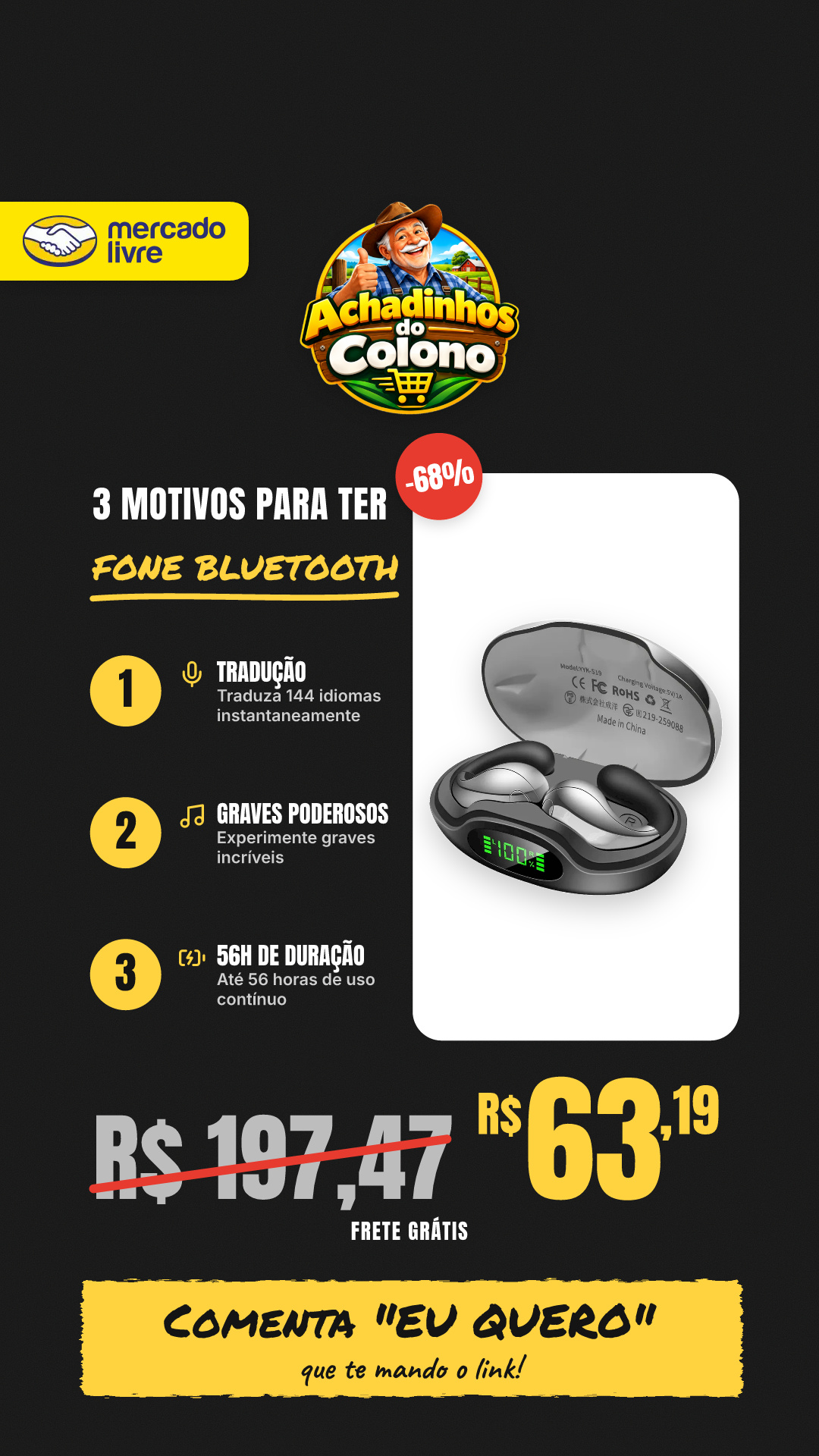 Fone De Ouvido Boytond S19ai Bluetooth Com Tradução, Tradutor 144 Idiomas Em Tempo Real, Som Estéreo, Esportivos, Graves Poderosos, 56h De Duração, Negócios Viagens, iPhone Samsung Xiaomi, Preto