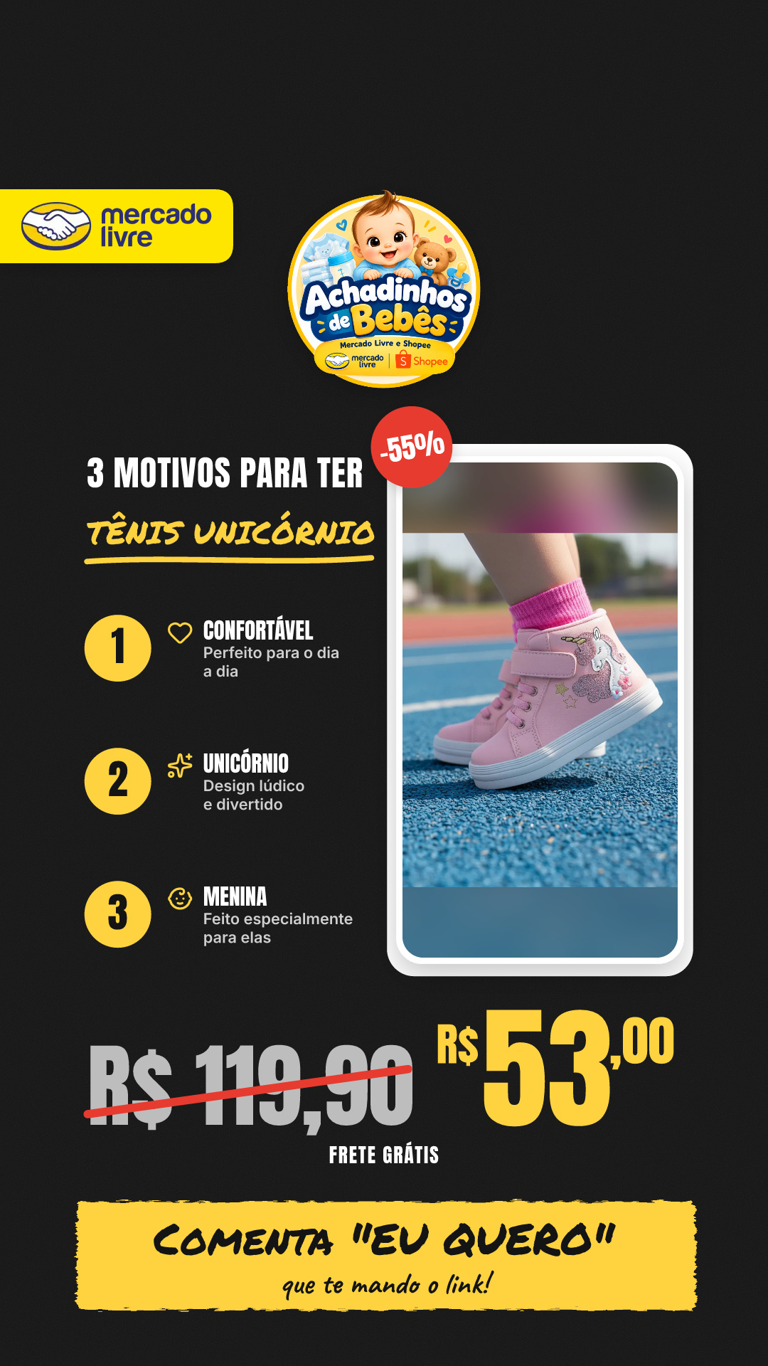 Tênis Infantil Menina Bebe Unicórnio Preto Rosa Confortável