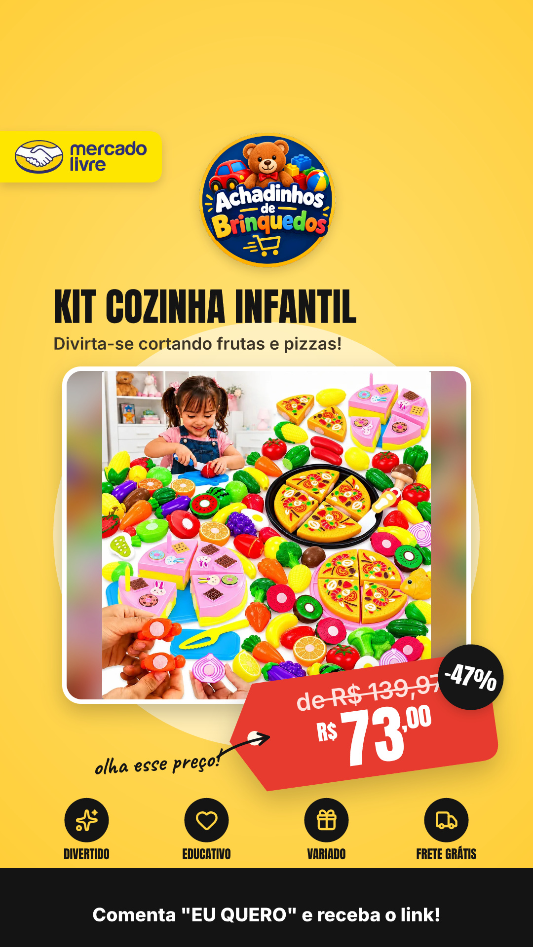 Kit Cozinha Infantil Pizza Frutas De Cortar Brinquedo Velcr Cor Colorido