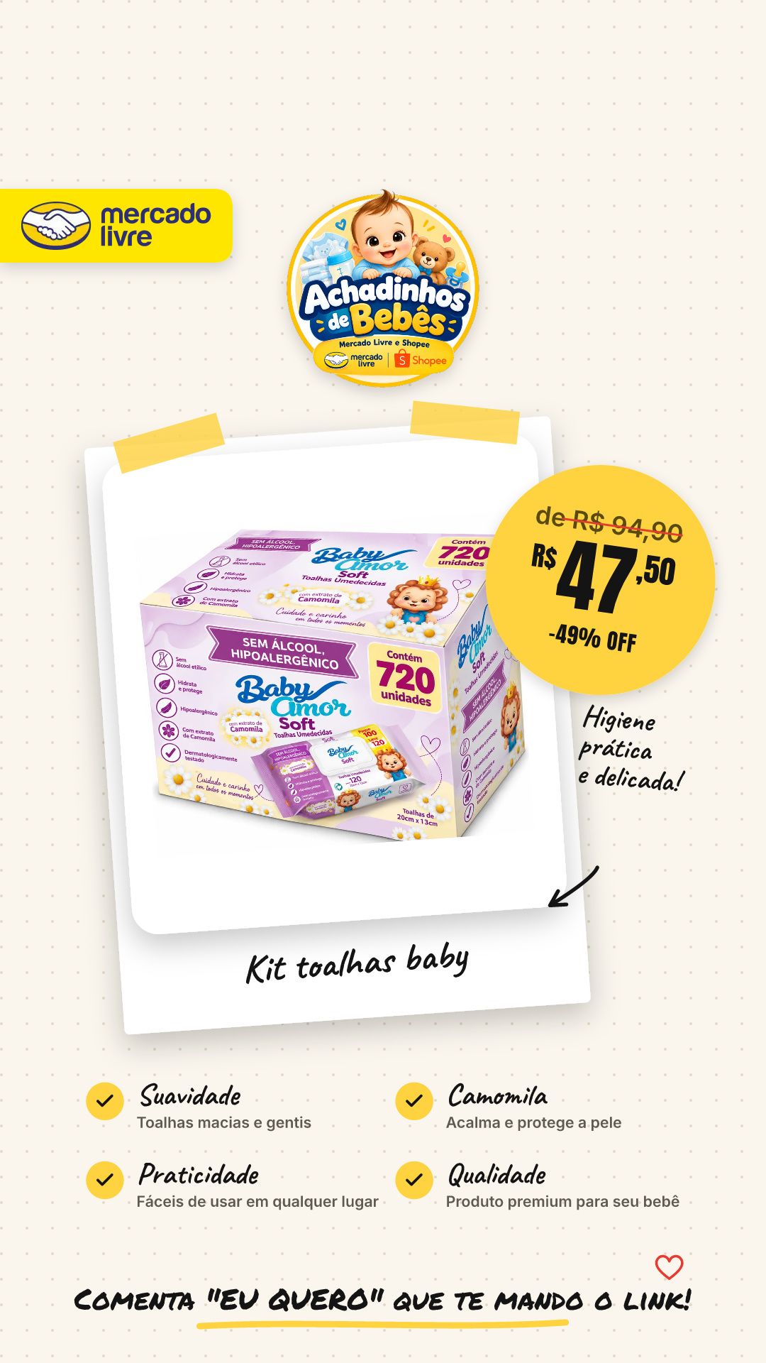 Kit 720 Toalhas Umedecidos Baby Amor Soft Camomila Premium