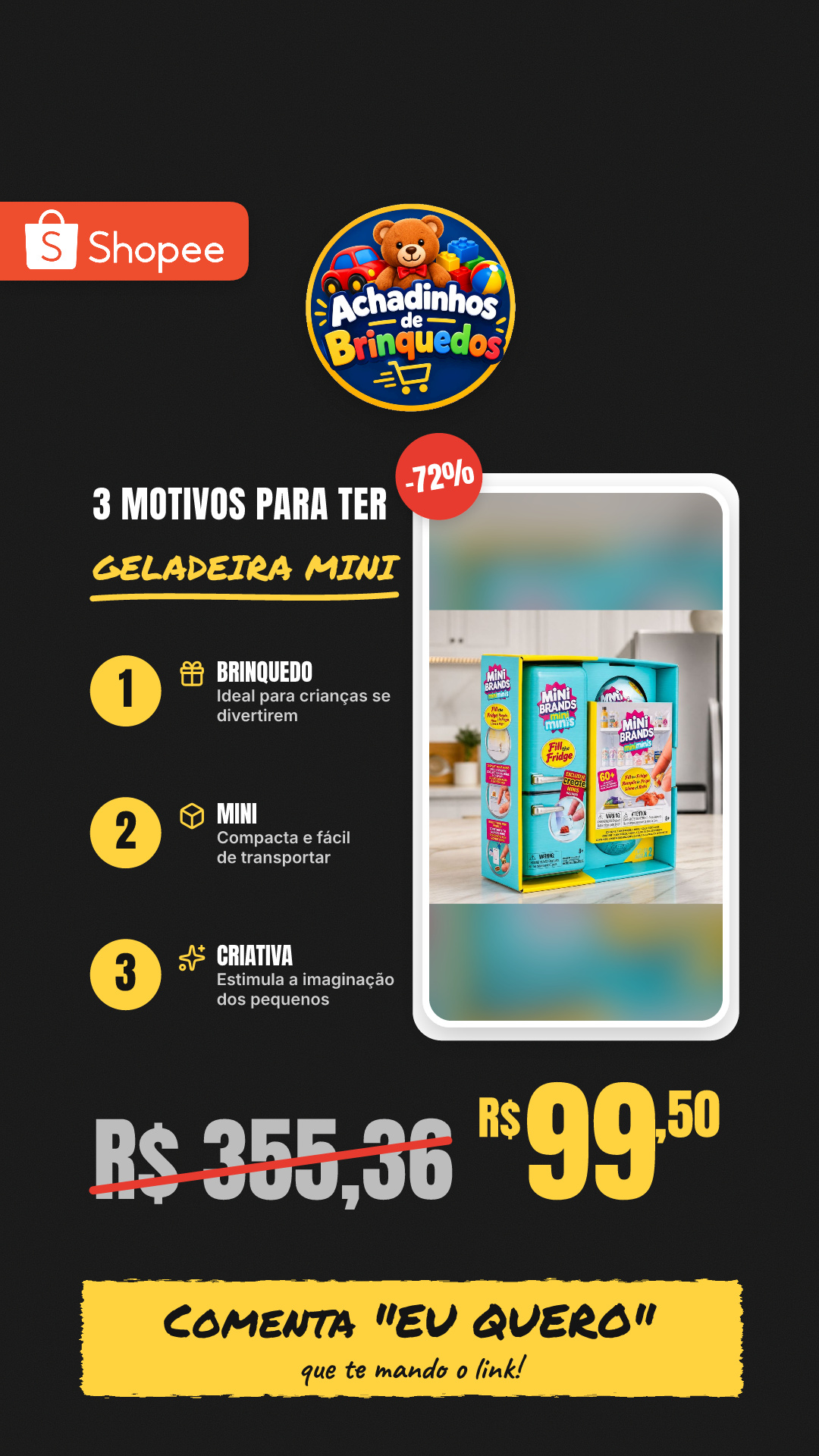 Geladeira Mini Minis + 2 Cápsulas Brinquedo Infantil