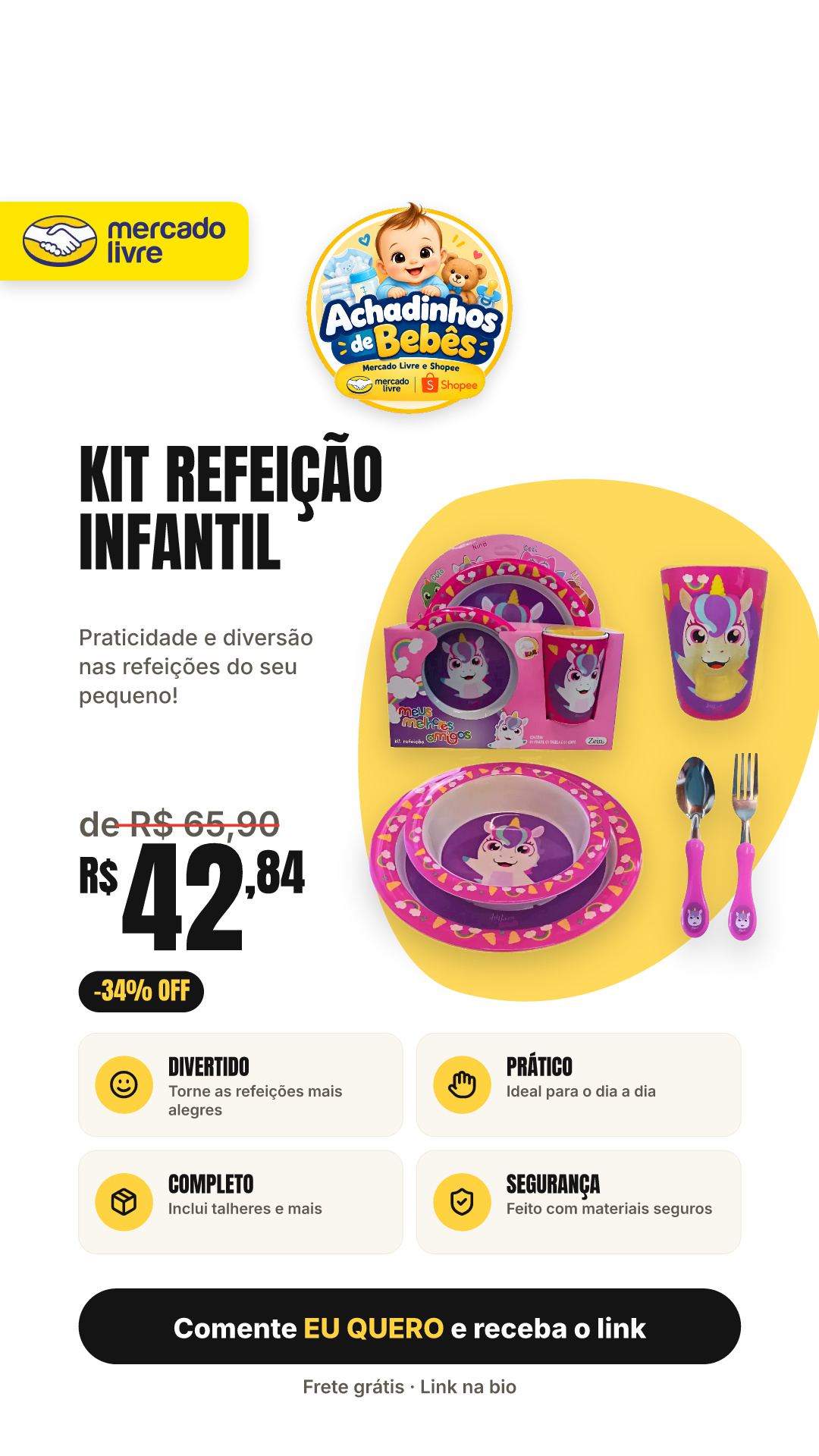 Kit Refeição Infantil 5 Peças Para Bebê E Criança C/ Talher