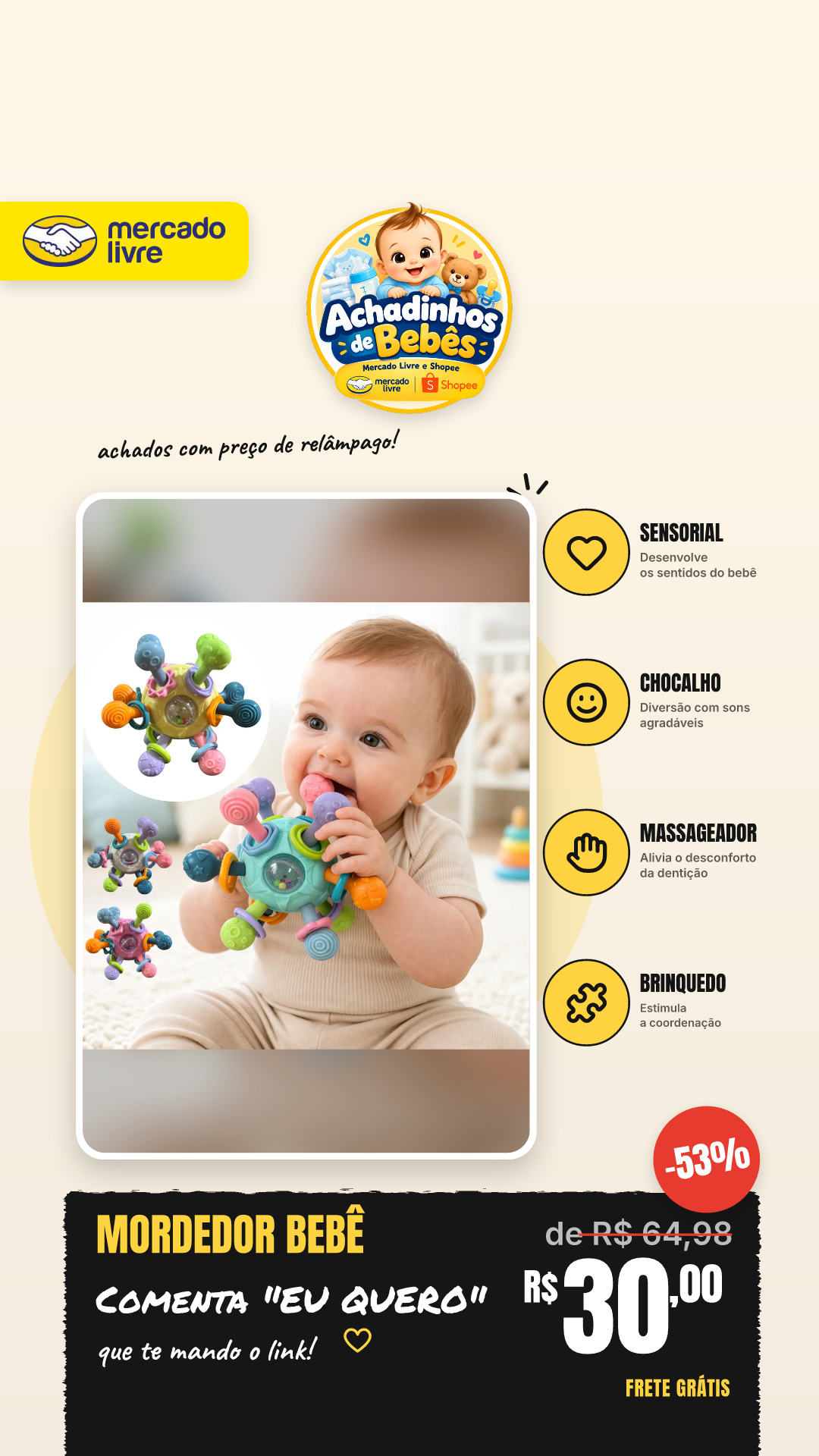 Mordedor Sensorial Bebe Chocalho Bola Massageador Brinquedo Branco