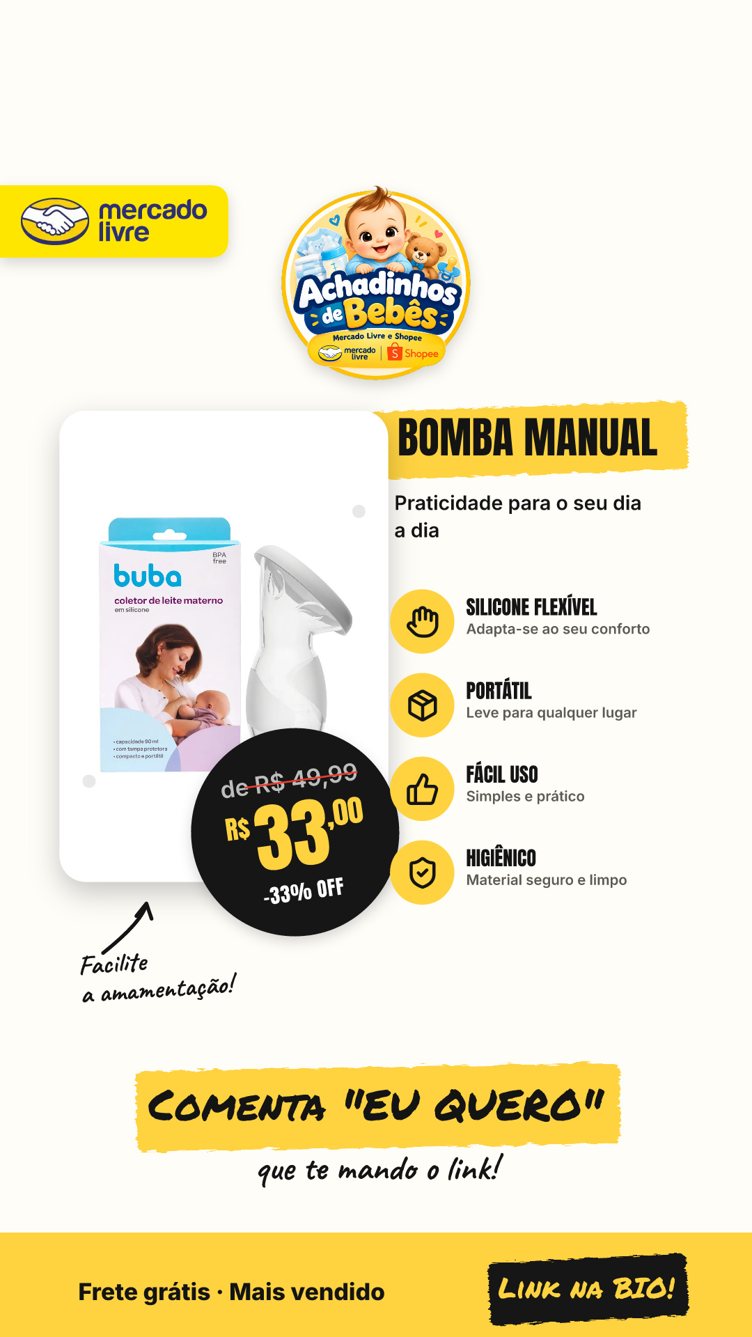 Bomba De Tirar Leite Materno Manual Silicone Flexível Buba