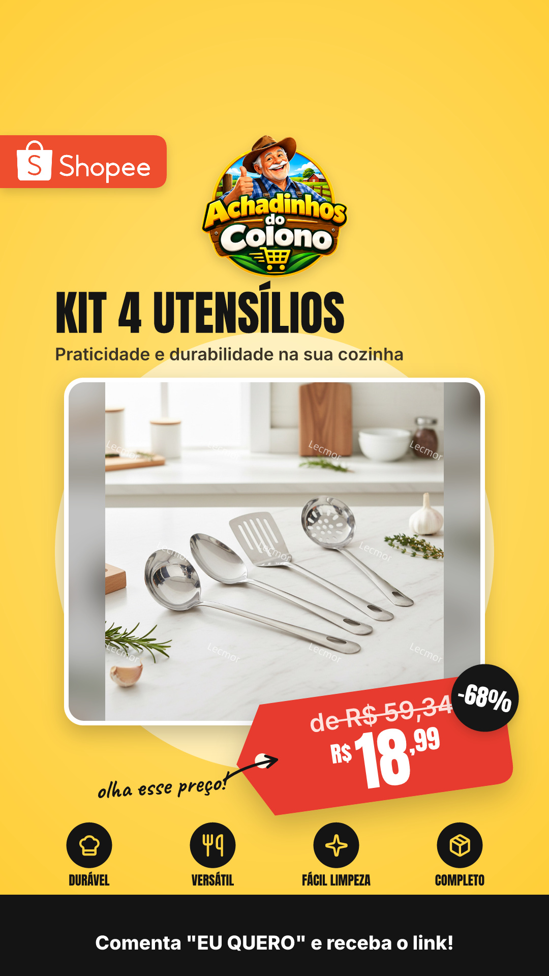 Kit 4 Utensílios de Cozinha em Aço Inoxidável Colher De Arroz e Sopa,Espátula e Escumadeira