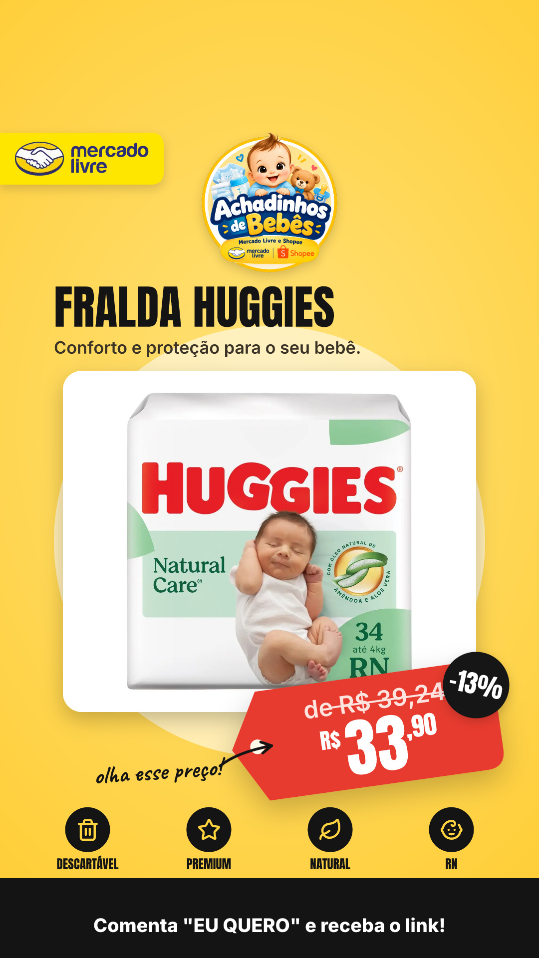 Huggies Fralda Descartável Premium Natural Care Rn 34 Unidades