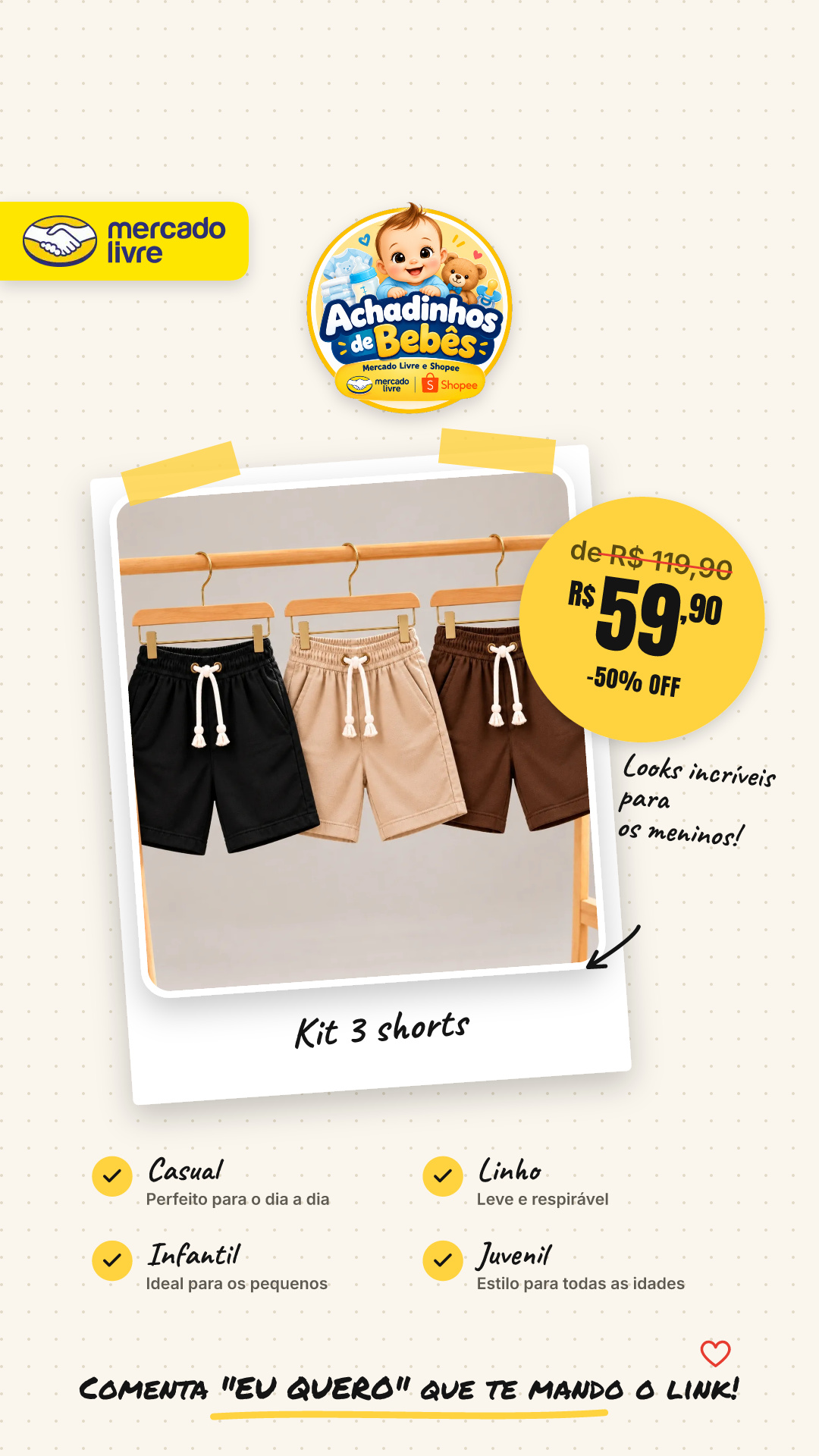 Kit 3 Shorts Linho Infantil Juvenil Menino Mauricinho…