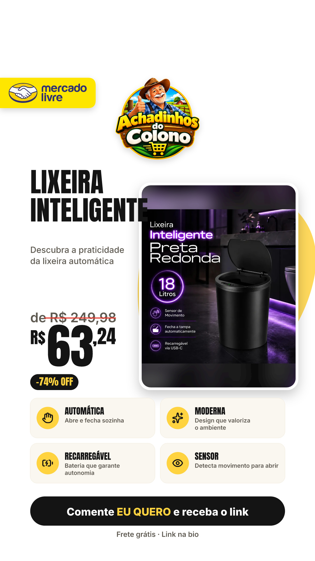 Lixeira Inteligente Smart 16l Automática Recarregável Preto Sensor Banheiro E Cozinha Moderna