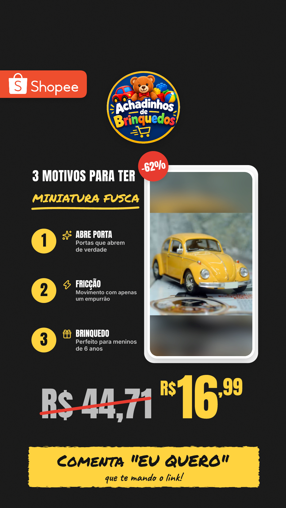 Miniatura Fusquinha Fusca Carrinho de Ferro Fricção Abre Porta Brinquedos de Menino 6 Anos