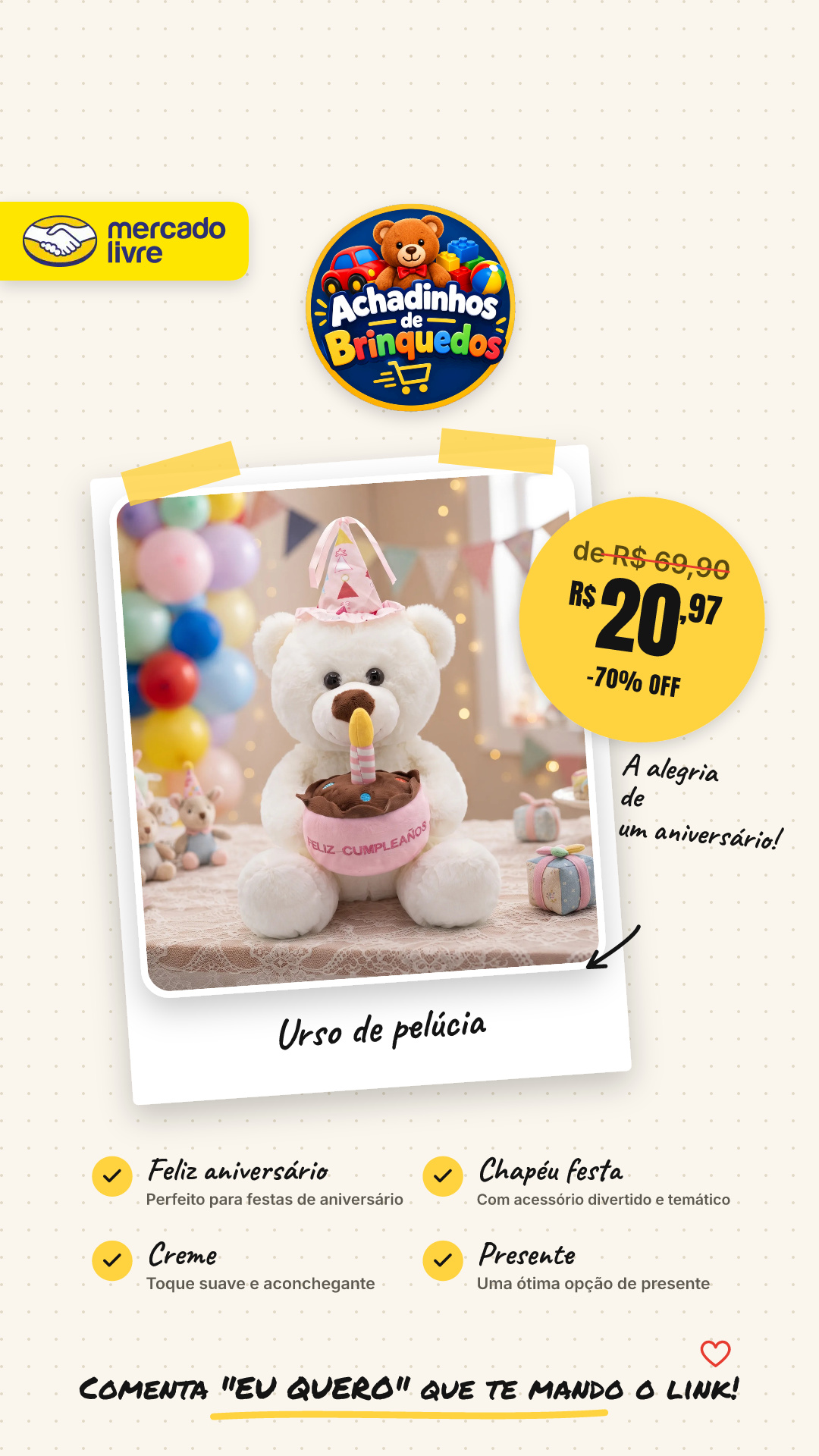 Urso De Pelúcia Bolo Feliz Aniversario Chapéu Festa Presente Creme