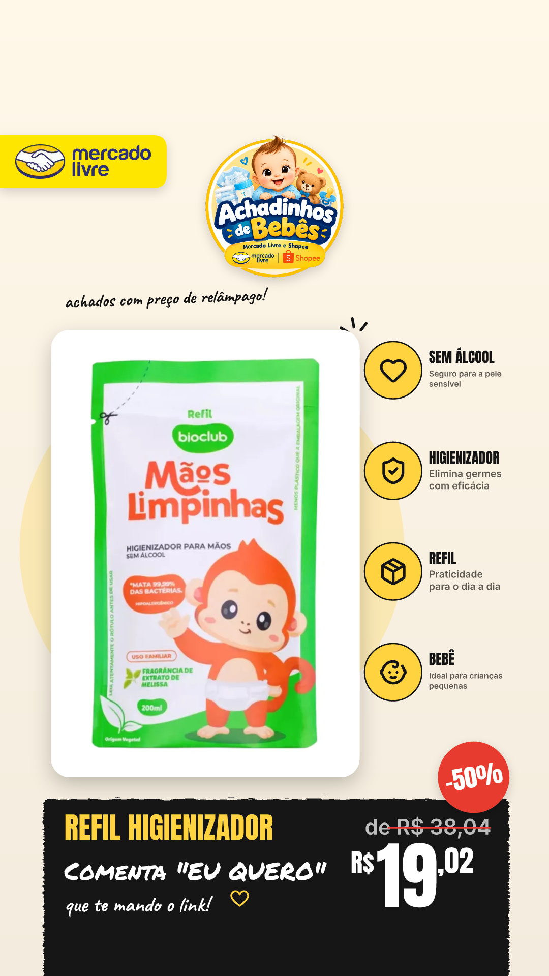 Refil Higienizador Mãos Limpinhas Bebe Sem Álcool Bioclub
