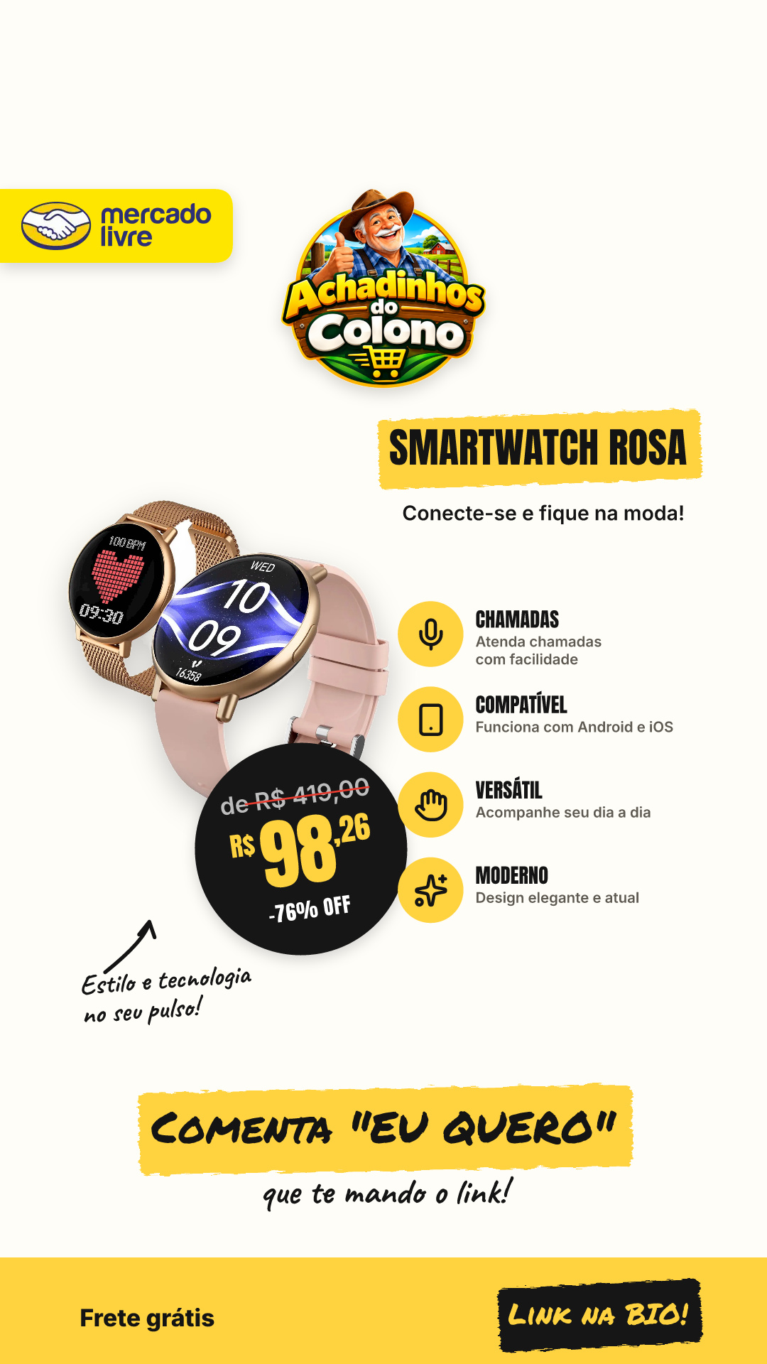 Smartwatch Forestory R1 Rosa Com Chamadas, Para Android E Ios E 2 Pulseiras