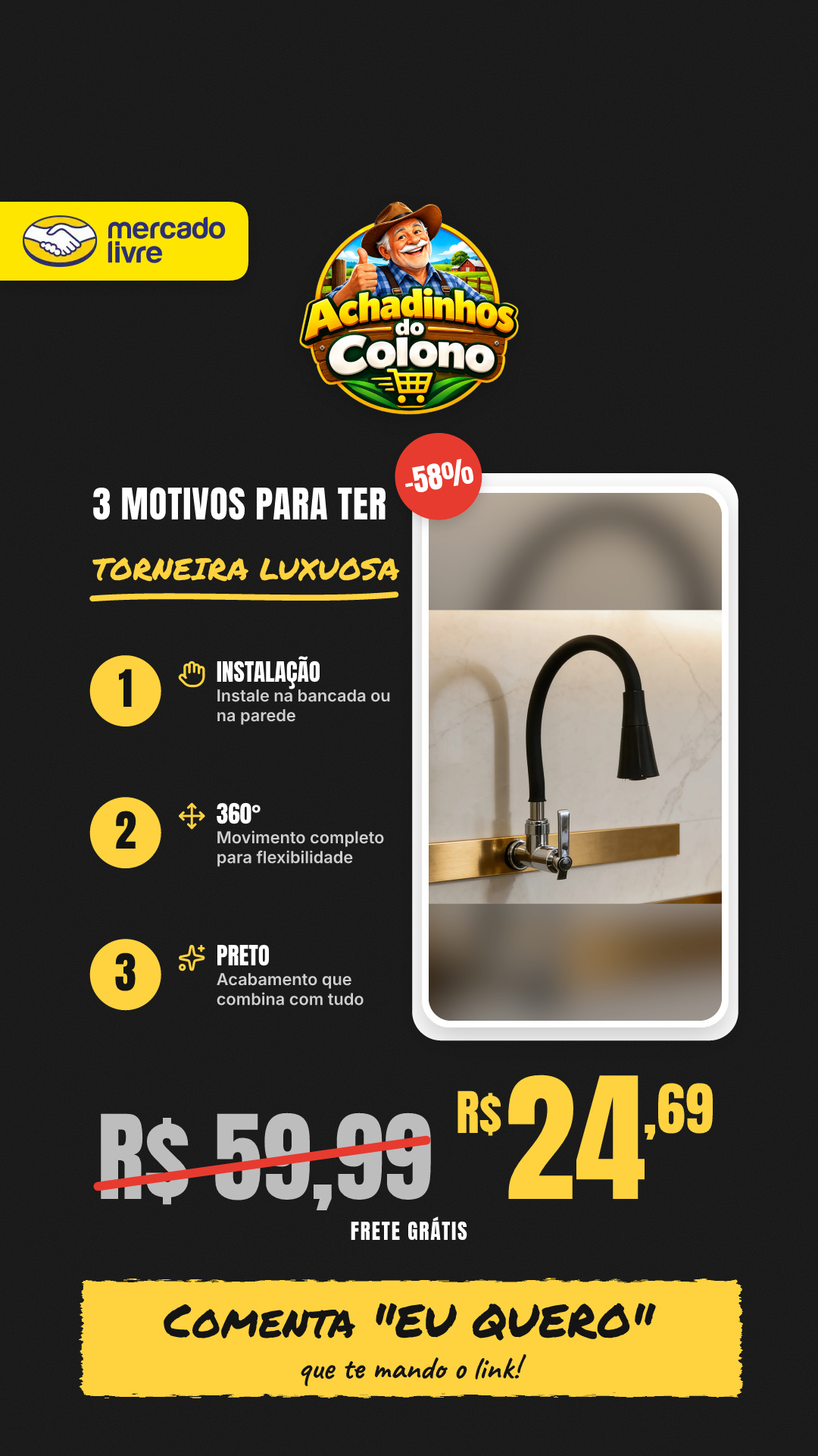 Torneira De Cozinha Luxuosa Instalação Bancada E Parede 360° Preto De Parede