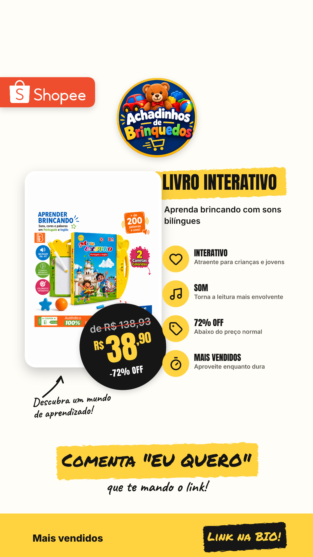 Livro Interativo com Som Bilíngue Português-Inglês Educacional