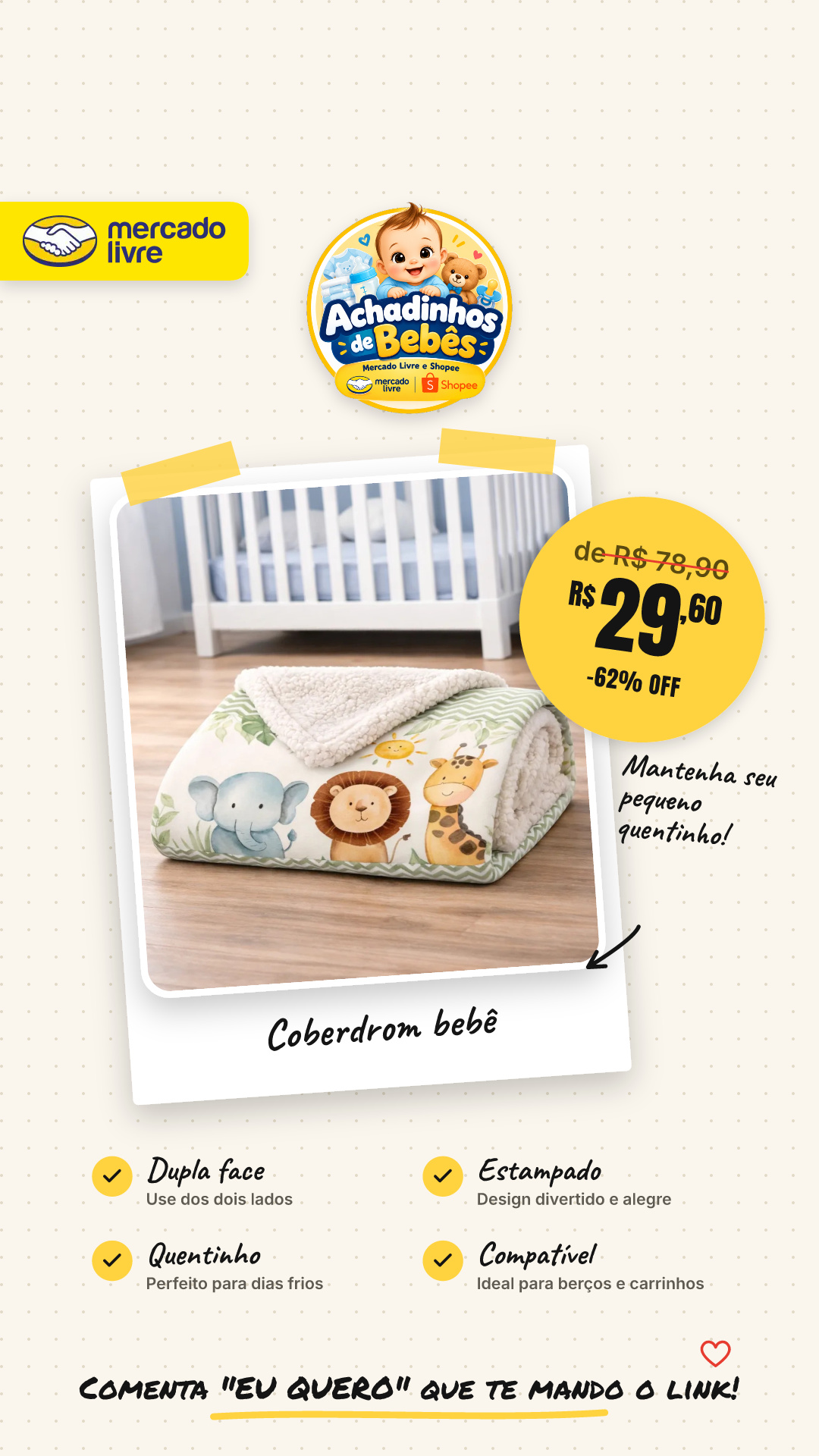 Coberdrom Bebe Com Sherpa Dupla Face 95x75cm Estampado