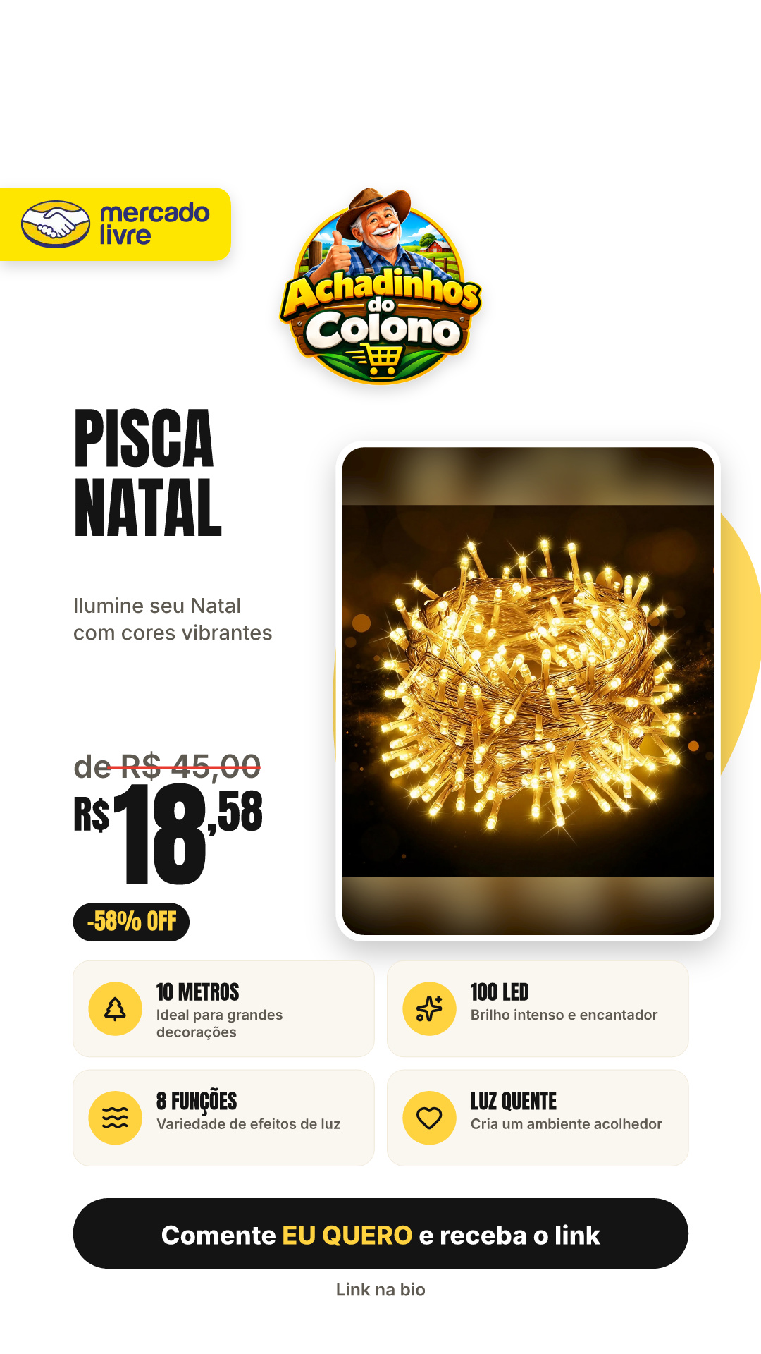 Pisca Natal Cordão Cores De Natal 10 Metros 100 Led 8 Função Luz Quente 220v