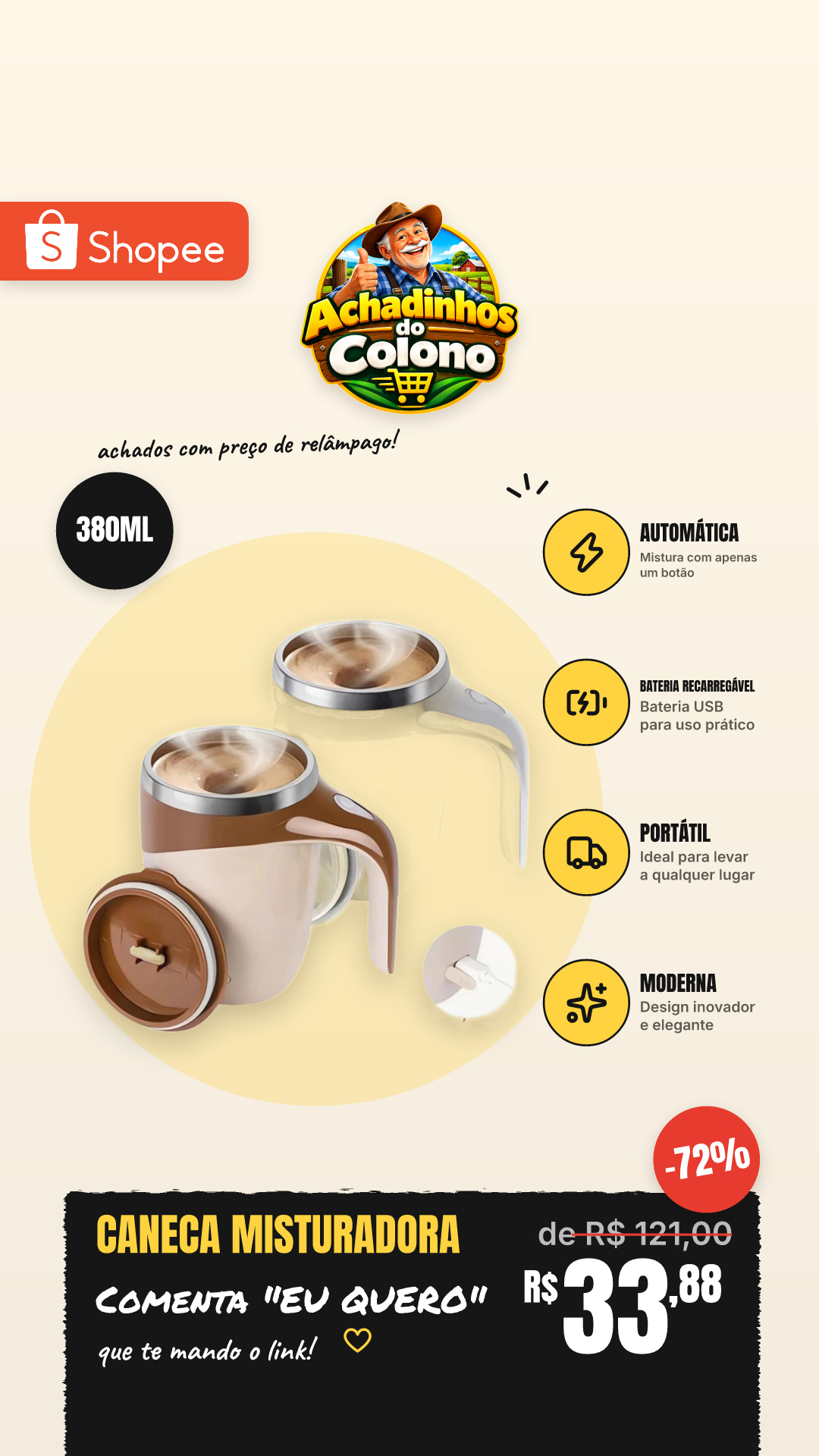 Caneca Misturadora Automática Elétrica USB Bateria Recarregável Mixer Café 380ml