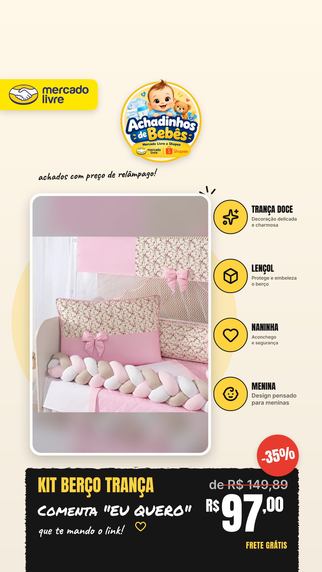 Kit Berço Trança Doce Menina Rosa Com Lençol E Naninha Baby