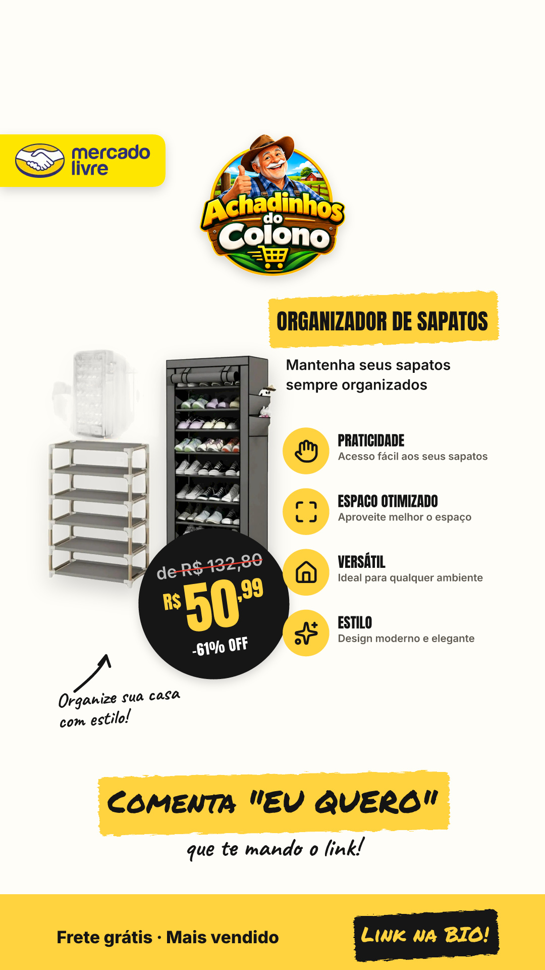 Eps-5062 Organizador Com Zíper 9 Prateleiras Sapateira Estante Cinza