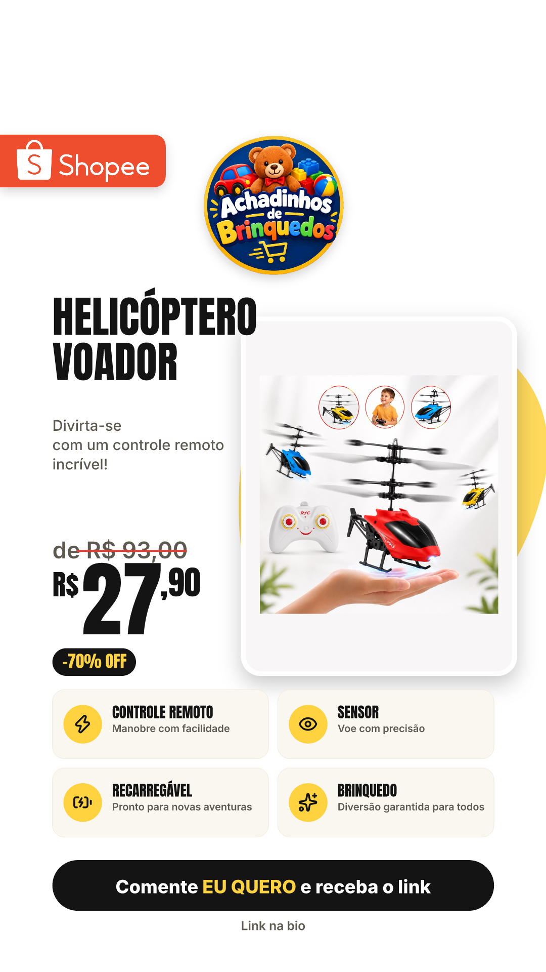 Helicóptero Voador Controle Remoto Sensor Recarregável Brinquedo