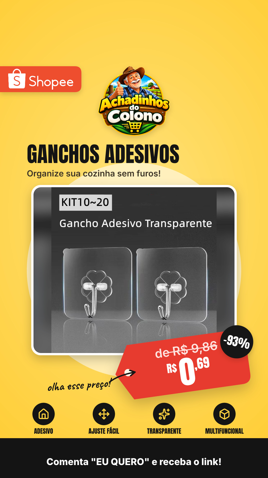 Ganchos Autoadesivos Adesivo Instalação Sem Pregos e Ajuste Fácil Cozinha Gancho Adesivo Parede Transparente