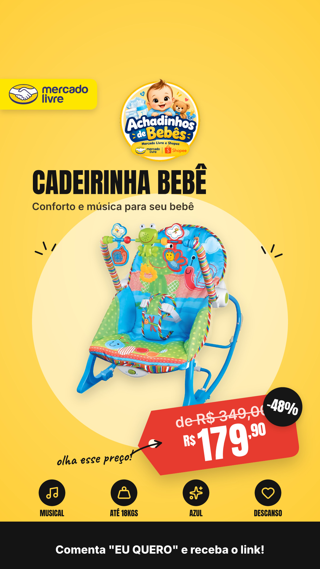 Cadeirinha Descanso Bebe Musical Maxi Baby Até 18kgs Azul