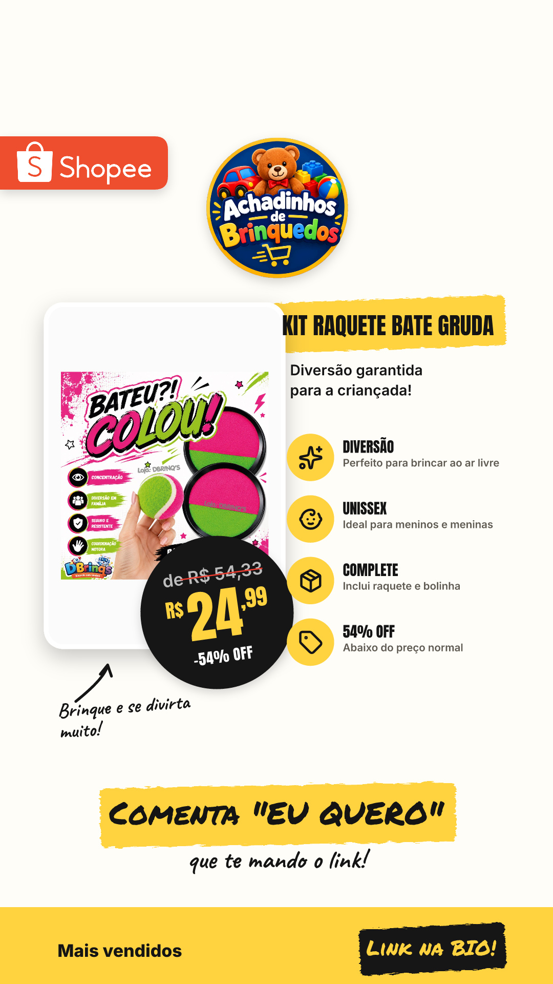 Kit Raquete Frescobol Bateu Colou Peteca Tênis C/ Bolinha Bate Gruda Binquedo Menino e Menina