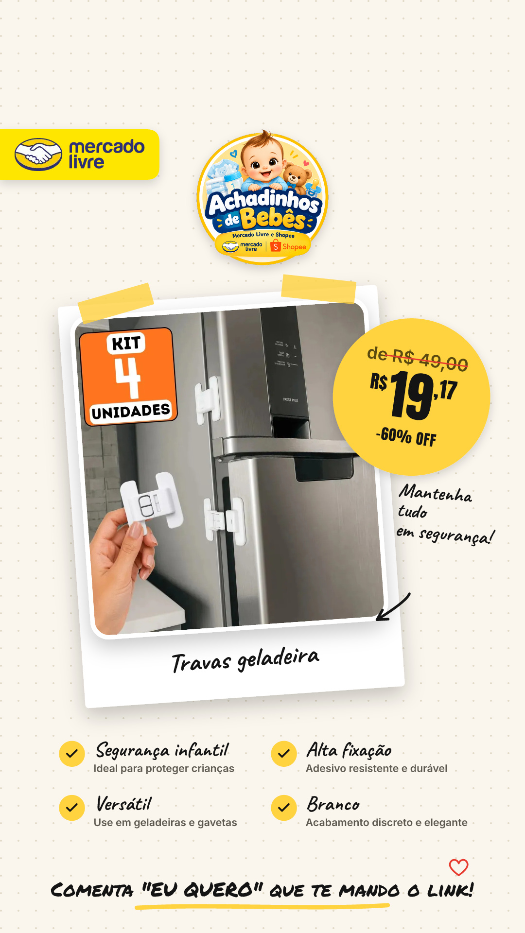 Kit 4 Travas De Geladeira E Gavetas Com Adesivo De Alta Fixação Maior Segurança Infantil Proteção De Bebês Mantem Porta Danificada Fechada Branco