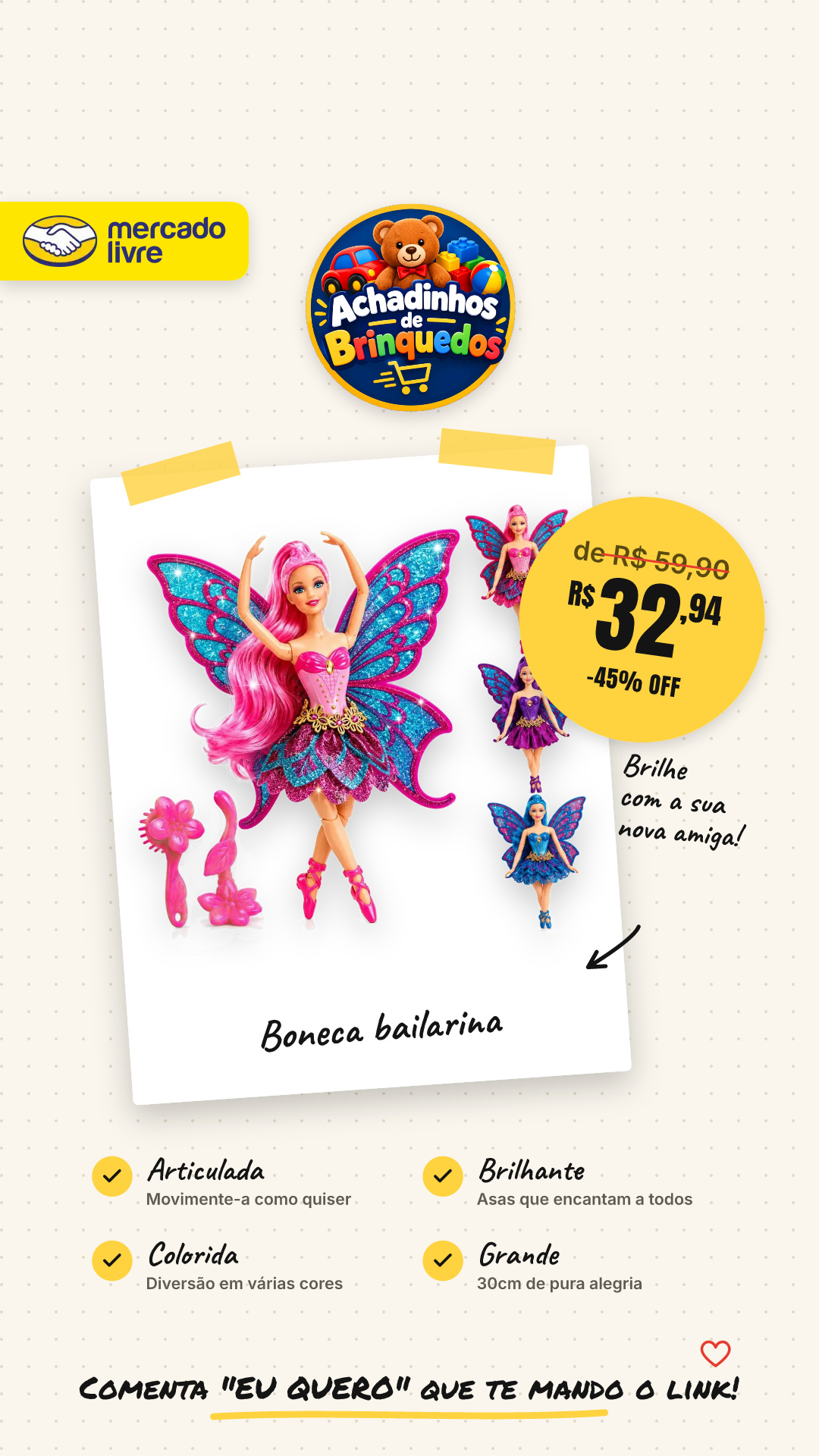 Boneca Bailarina Fada Princesa Articulada Ballet Com Asas Brilhantes Grande 30cm Colorida Com Acessorios - Petite Flô