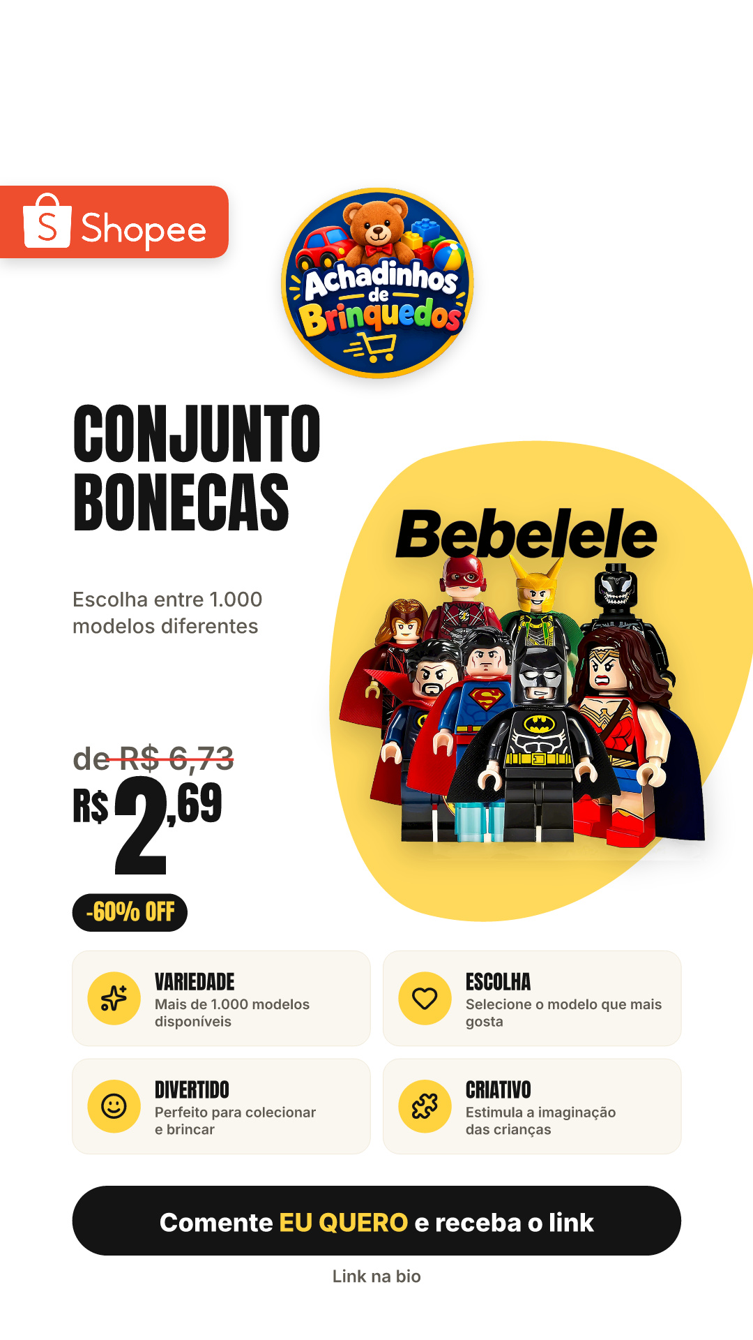 Conjunto de mini bonecas com at�� 1.000 modelos diferentes; escolha o n��mero do modelo desejado.